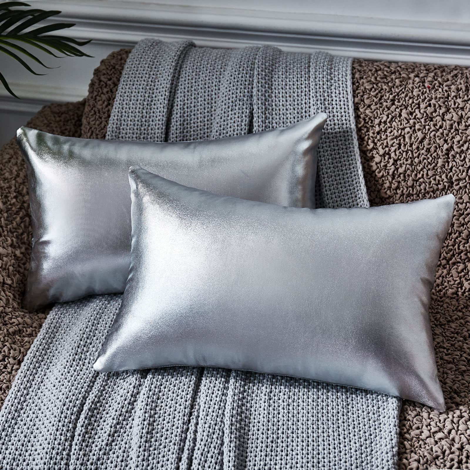 EUCIOR Silver Metallic Decorative Throw Pillow Covers 18x18 Inch (Pack of 2) - Modern Shiny Cushion Covers for Sofa, Bedroom, Car & Home Decor - Perfect for Living Room Accents, Bedding Accessories and Vehicle Interior Styling