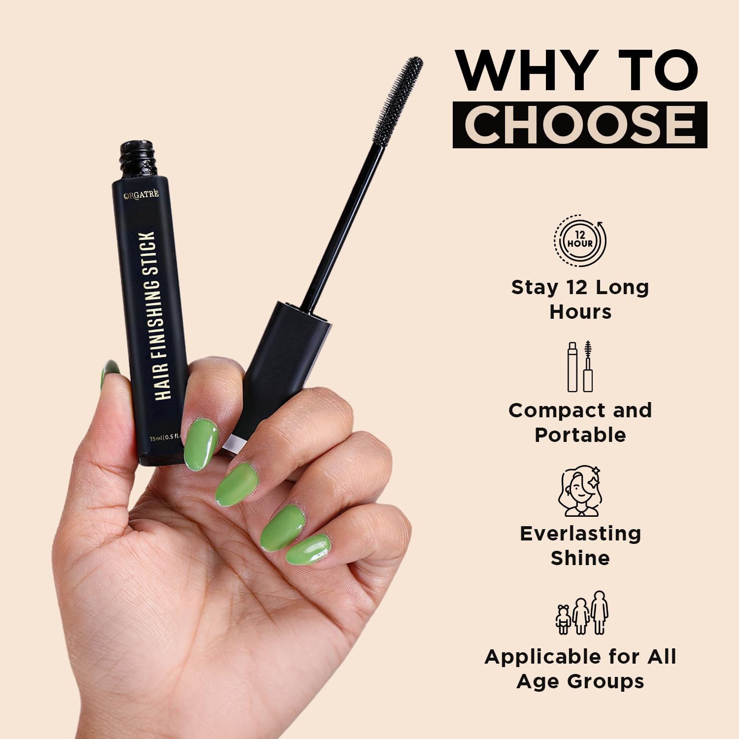 ORGATRE Hair Finishing Stick for Frizzy Hair - 15ml Baby Hair Fixer | Anti-Flyaway Hair Wax Wand | Non-Greasy Styling Stick for Women | Perfect for Smoothing Flyaways & Baby Hairs | Great for Daily Styling, Work, and Special Occasions