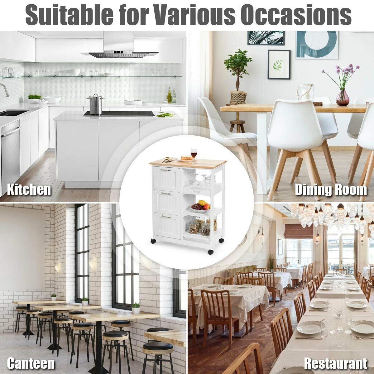 3-Tier Rolling Kitchen Island Cart with Wheels & Storage Drawers - Industrial Wood Serving Cart, Mobile Storage Cabinet for Kitchen, Dining Room, or Bar - White