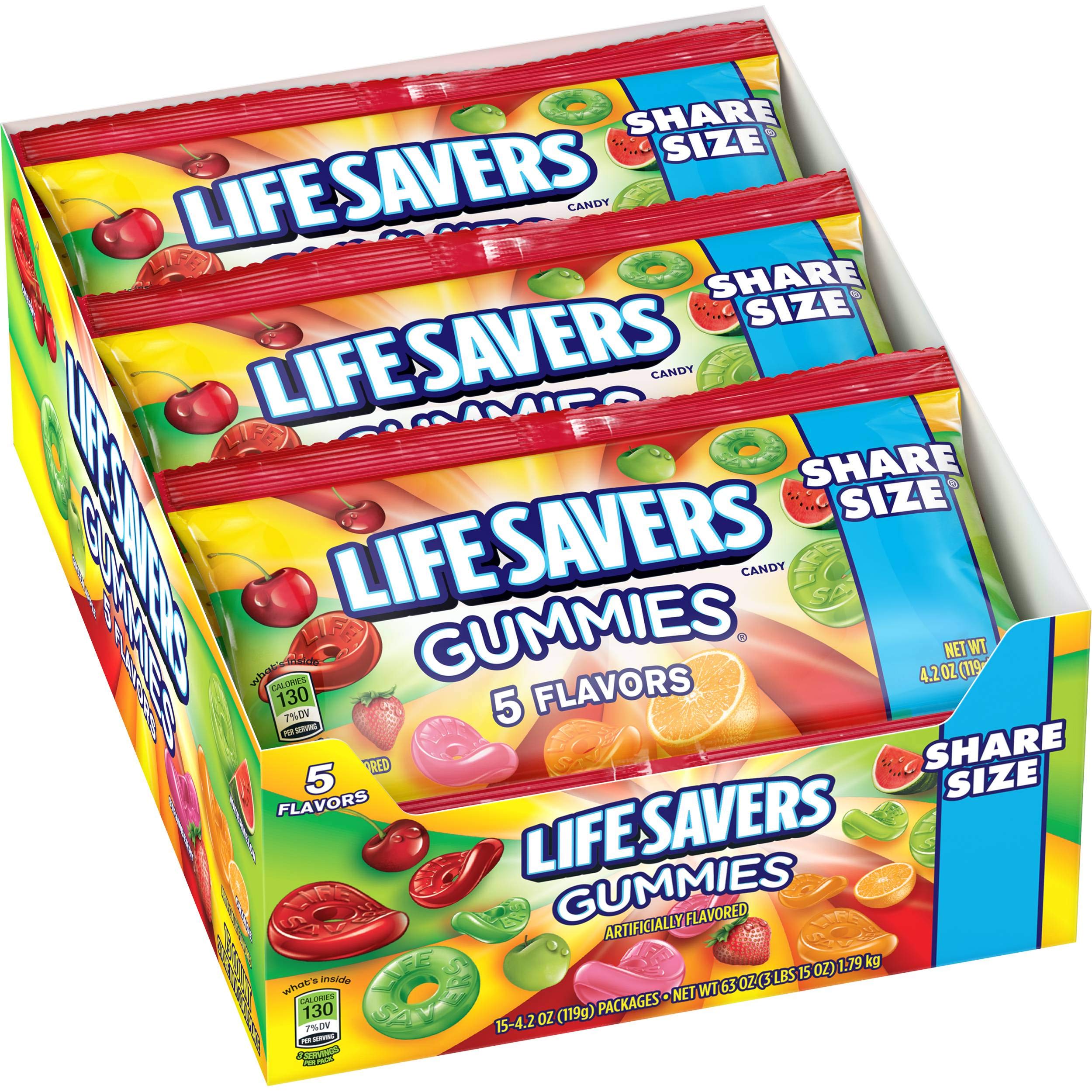 Life Savers 5 Flavors Assorted Gummy Candy - 15 Pieces per Pack (6 Packs) - Perfect for Halloween, Party Favors, Office Snacks & Road Trips