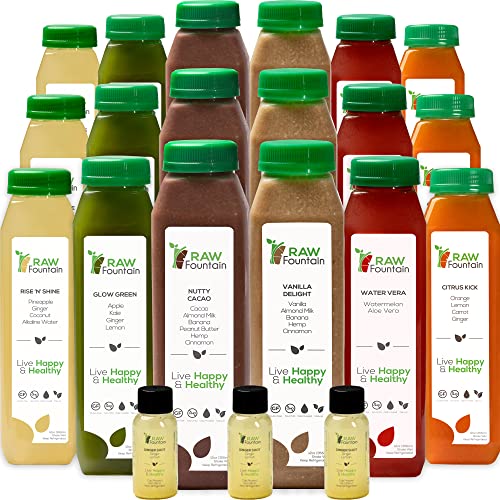 Raw Fountain 3-Day Protein Juice Cleanse - All Natural Cold Pressed Detox with Fruits, Vegetables, Vanilla & Chocolate Flavors | Energizing & Delicious | 18 Bottles (12oz) + 3 Ginger Shots | Perfect for Weight Loss, Post-Workout Recovery & Healthy Lifestyle