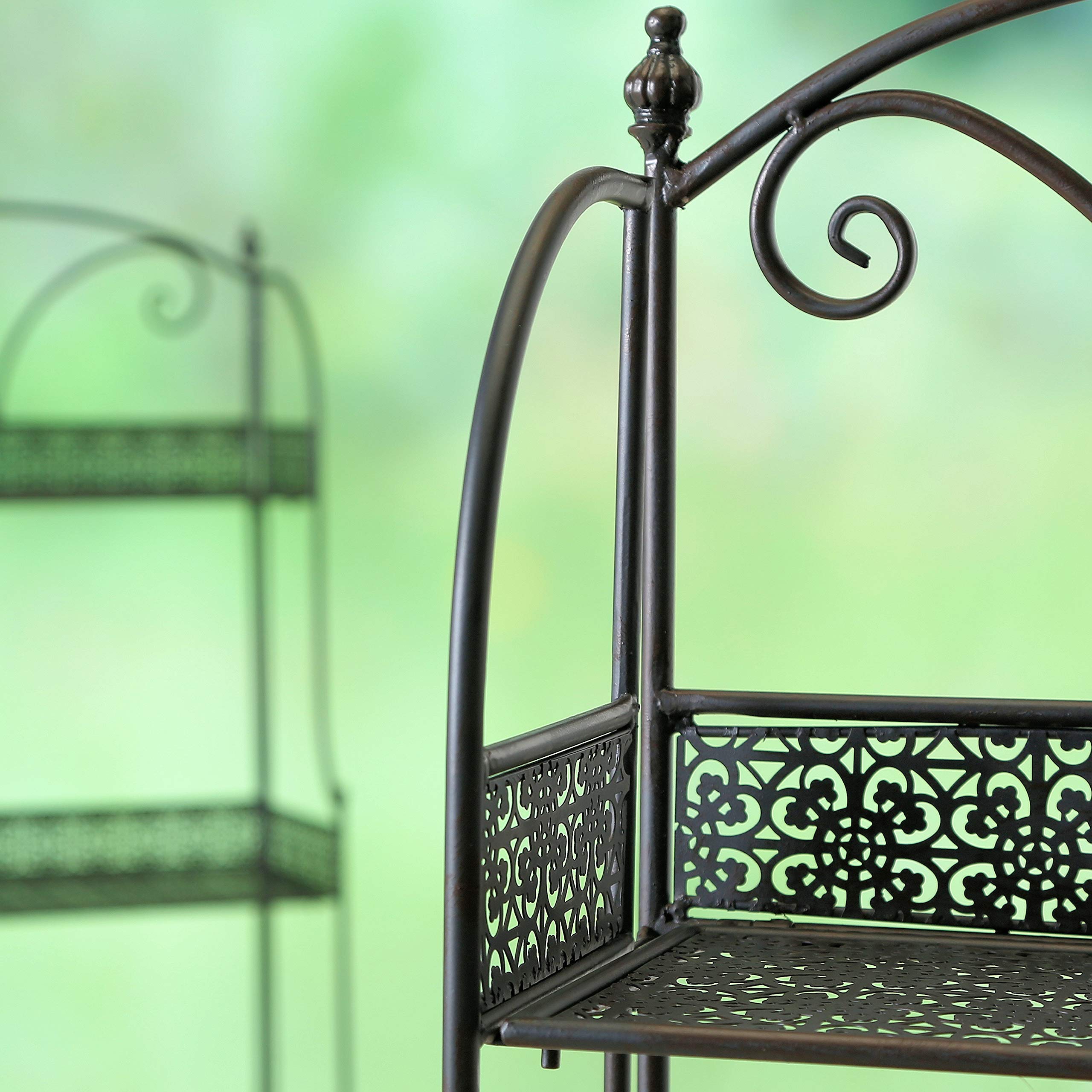 WHW 3-Tier Plant Stand - Black Powder Coated Iron Shelf with Floral Design for Indoor/Outdoor Plants - 23.5