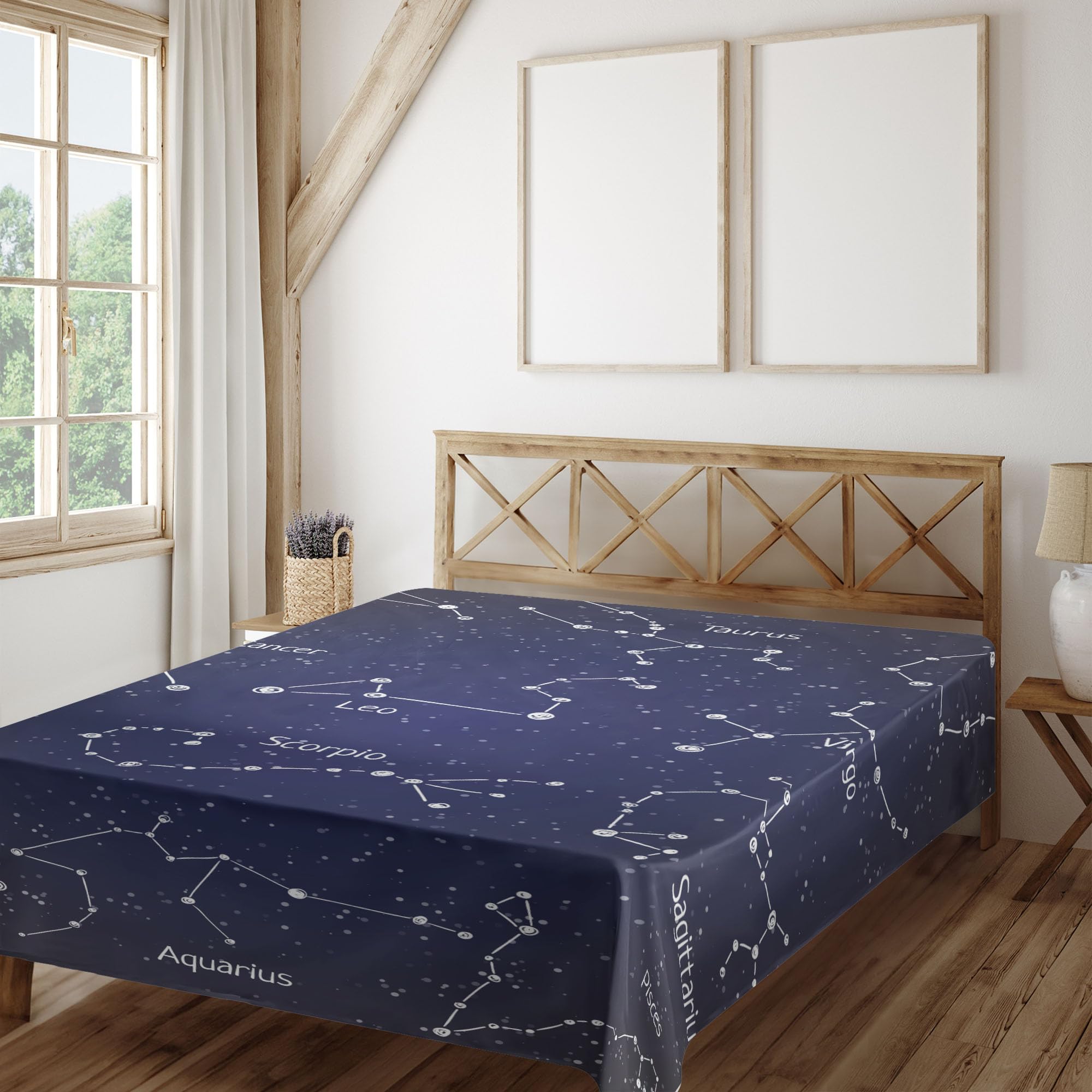 Ambesonne Constellation Queen Size Flat Sheet - Doodle Chalk Style Zodiac Stars & Sign Names, Soft Decorative Bedding (Dark Blue/White) | Perfect for Astronomy Lovers' Bedrooms, Dorm Rooms & Cozy Home Decor