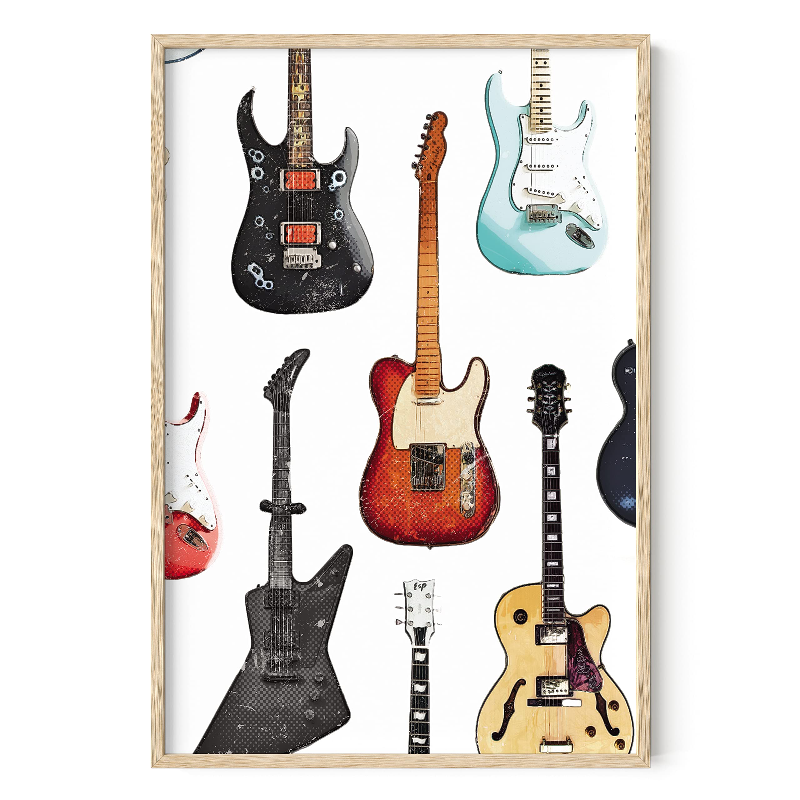 Vintage 90s Guitar Music Poster - Retro Indie Wall Art for Bedroom & Room Aesthetic, 80s-90s Electric Guitar Decor with Beige Frame (24x36) | Perfect for Music Lovers, Man Cave, Dorm Room & Vintage Style Home Decor