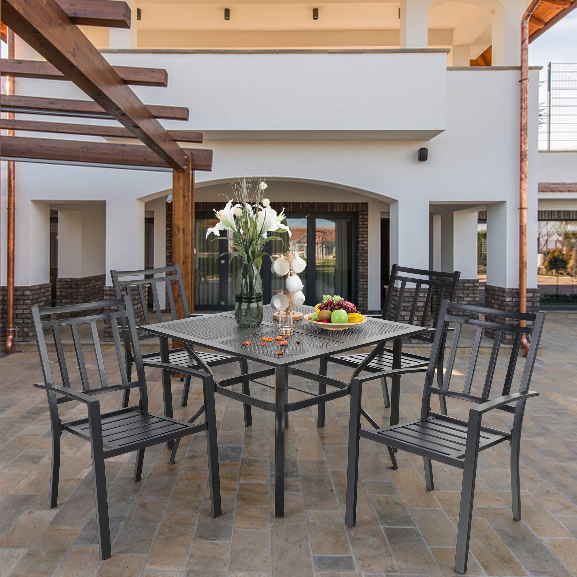 PHI VILLA 5-Piece Outdoor Dining Set - 4 Metal Patio Chairs & 1 Rectangular Umbrella Table - Durable Bistro Furniture for Backyard, Garden, Poolside & Restaurant Outdoor Seating