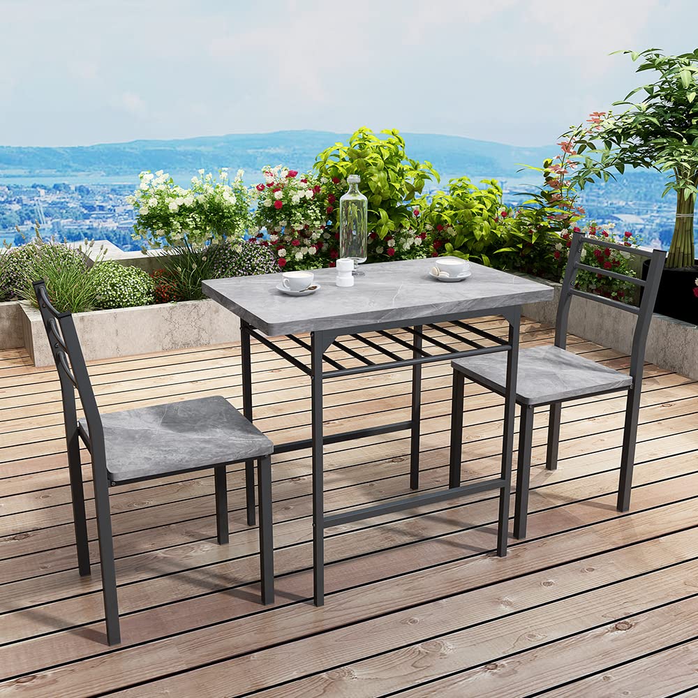 P PURLOVE 3-Piece Modern Marble Sticker Kitchen Dining Table Set with Storage Shelf & 2 Chairs - Space Saving Wooden Table for Small Spaces, Studio Apartments, Condos - Perfect for Breakfast Nook, Tiny Homes & Compact Living Rooms