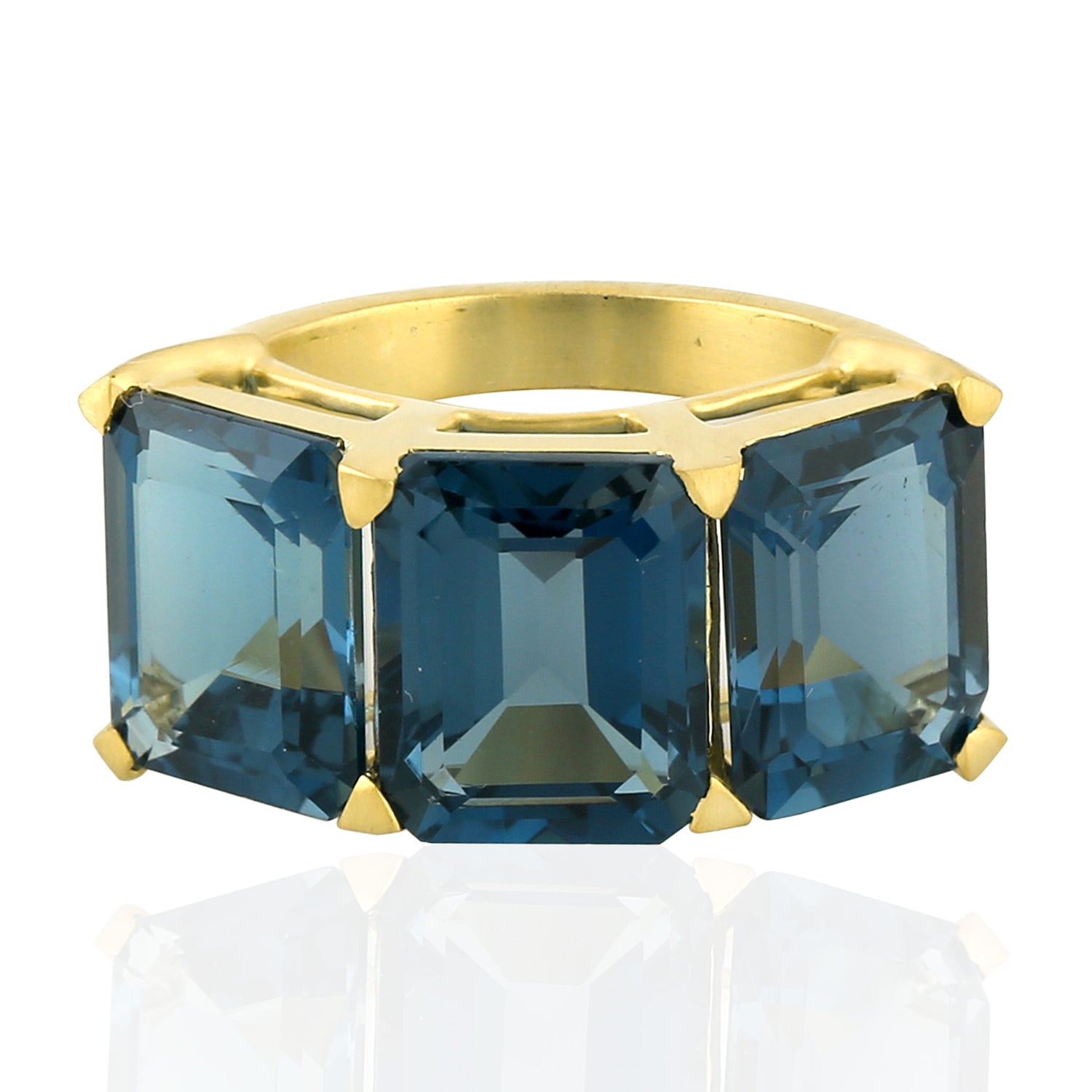 14K Yellow Gold Emerald Cut London Blue Topaz Three Stone Ring - Elegant Jewelry Gift for Women, Anniversary, Engagement, or Special Occasion
