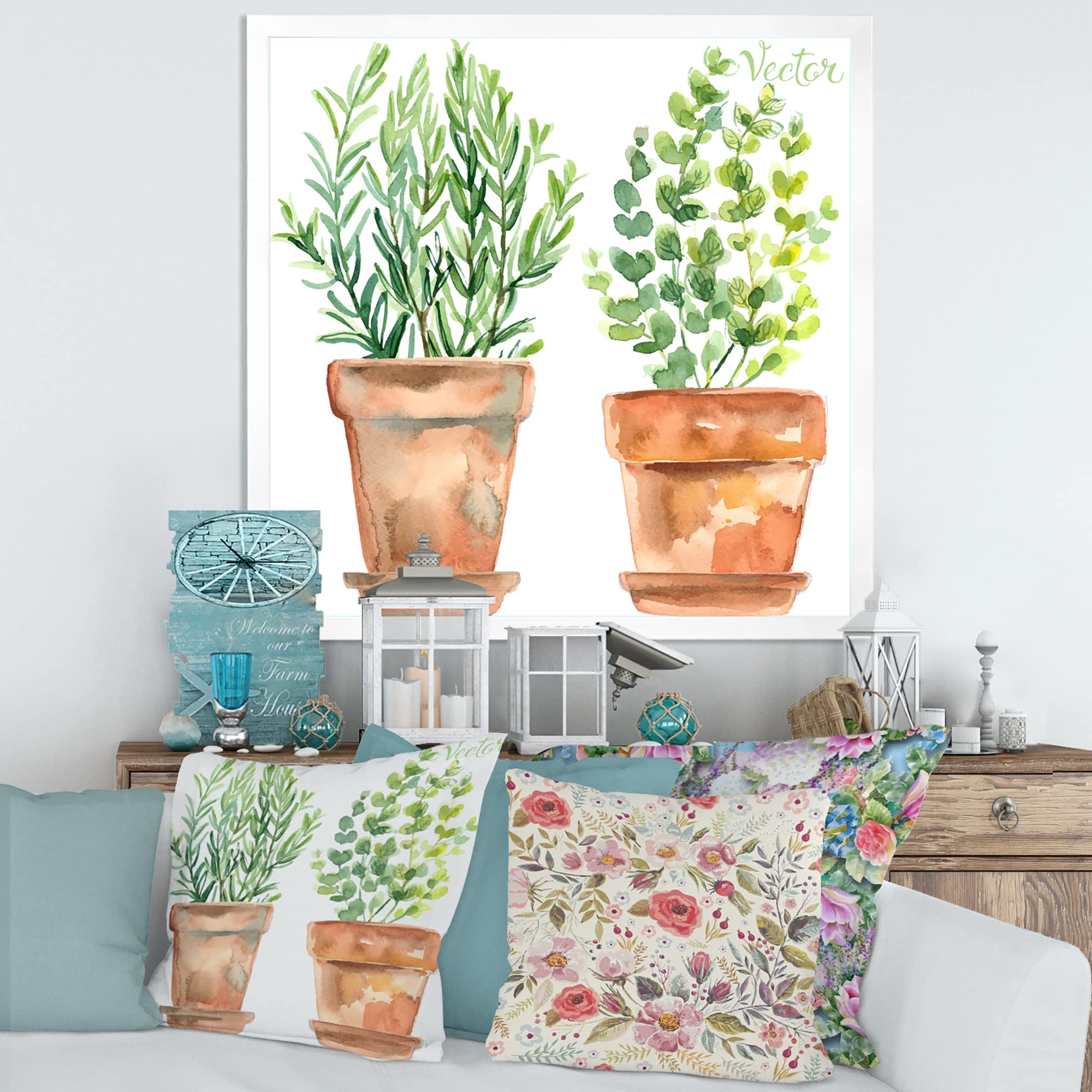 DesignQ Two Green House Plants in Orange Flower Pots - Traditional Framed Wall Art for Living Room, Bedroom & Office Decor