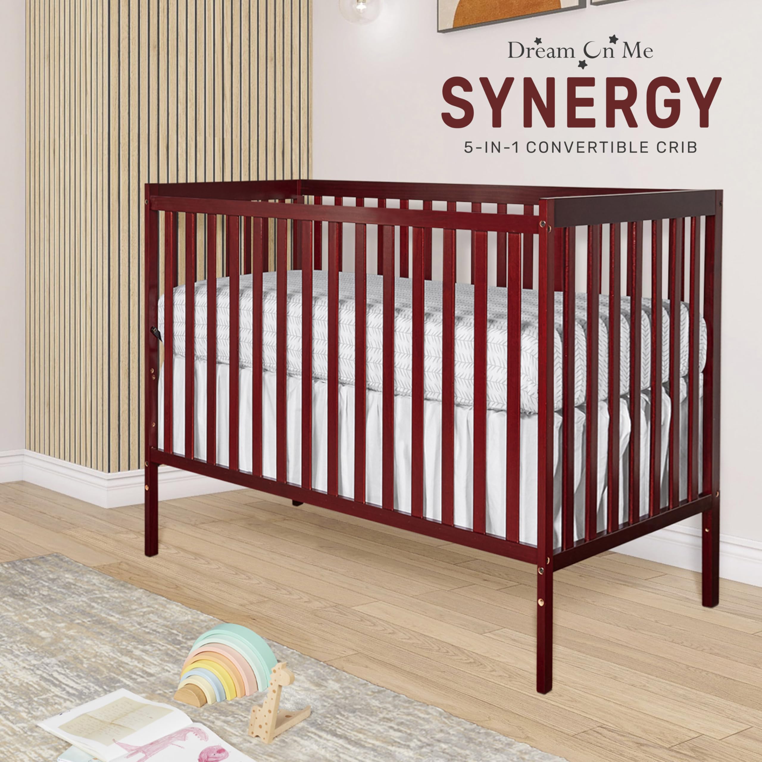 Dream On Me Synergy 5-in-1 Convertible Crib - Cherry Finish | JPMA & Greenguard Gold Certified | Solid Reclaimed New Zealand Pine Wood | 3 Adjustable Mattress Heights | Perfect for Nursery, Toddler Room & Guest Bedroom