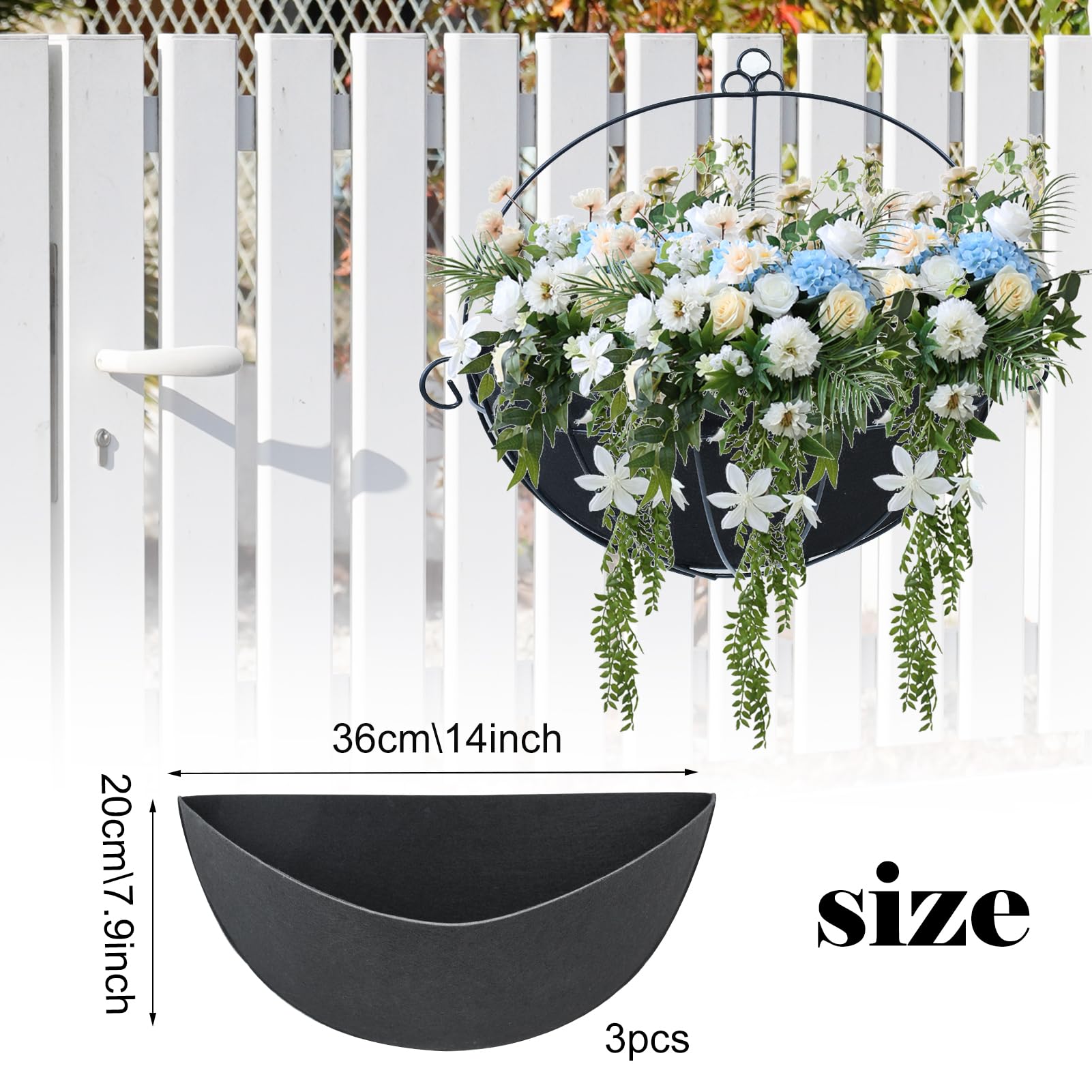 3PCS 14 Inch Half Round Planter Liners - Breathable Fabric Flower Basket Liners, Black Felt Liner for Wall Hanging Baskets - Coconut Liner Alternative for Indoor/Outdoor Plants, Garden Decor