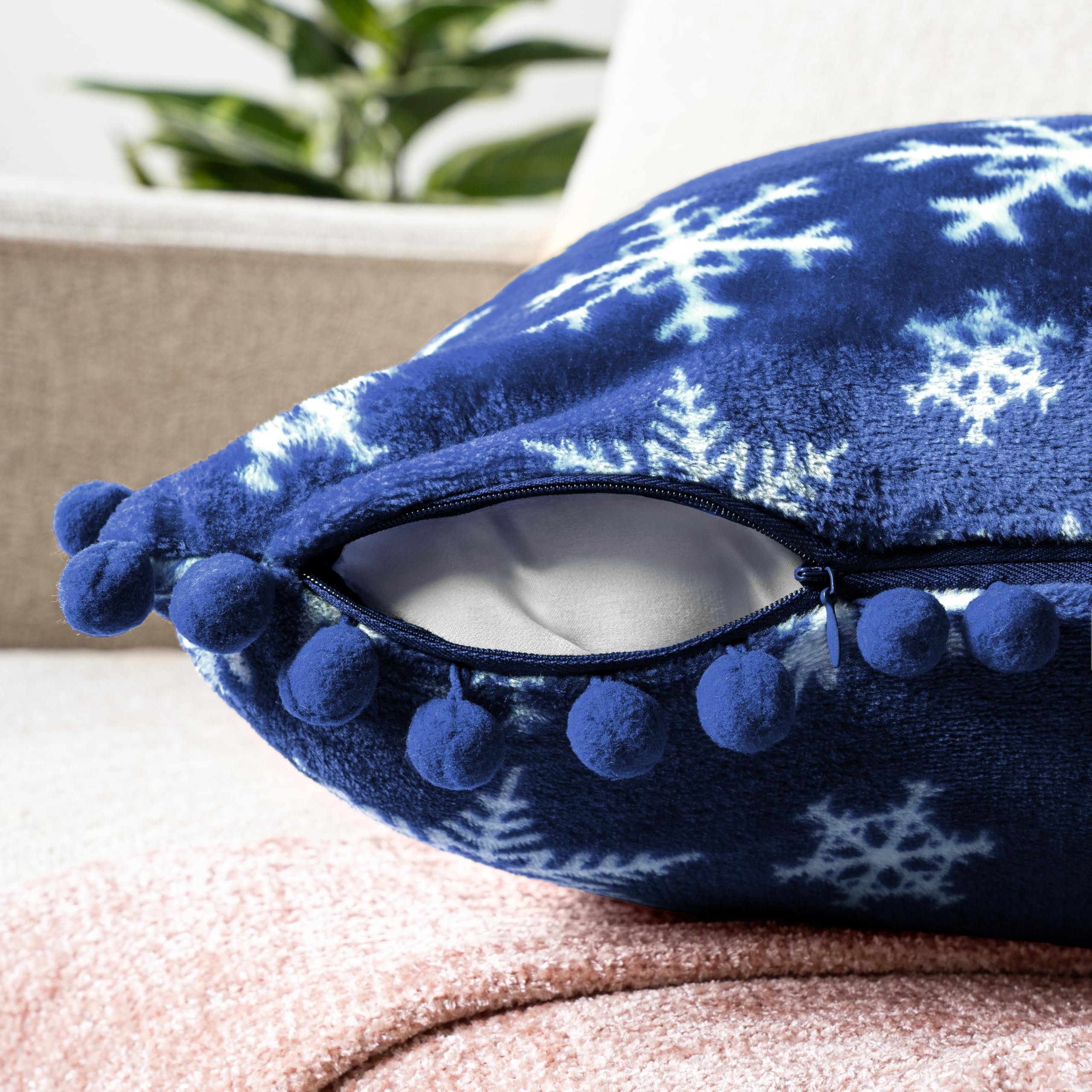 PAVILIA 18x18 Inch Blue Snowflake Throw Pillow Covers Set of 2 - Velvet Plush Pom Pom Decorative Cushion Covers for Sofa, Couch, Bed - Christmas Winter Holiday Home Decor for Living Room, Bedroom