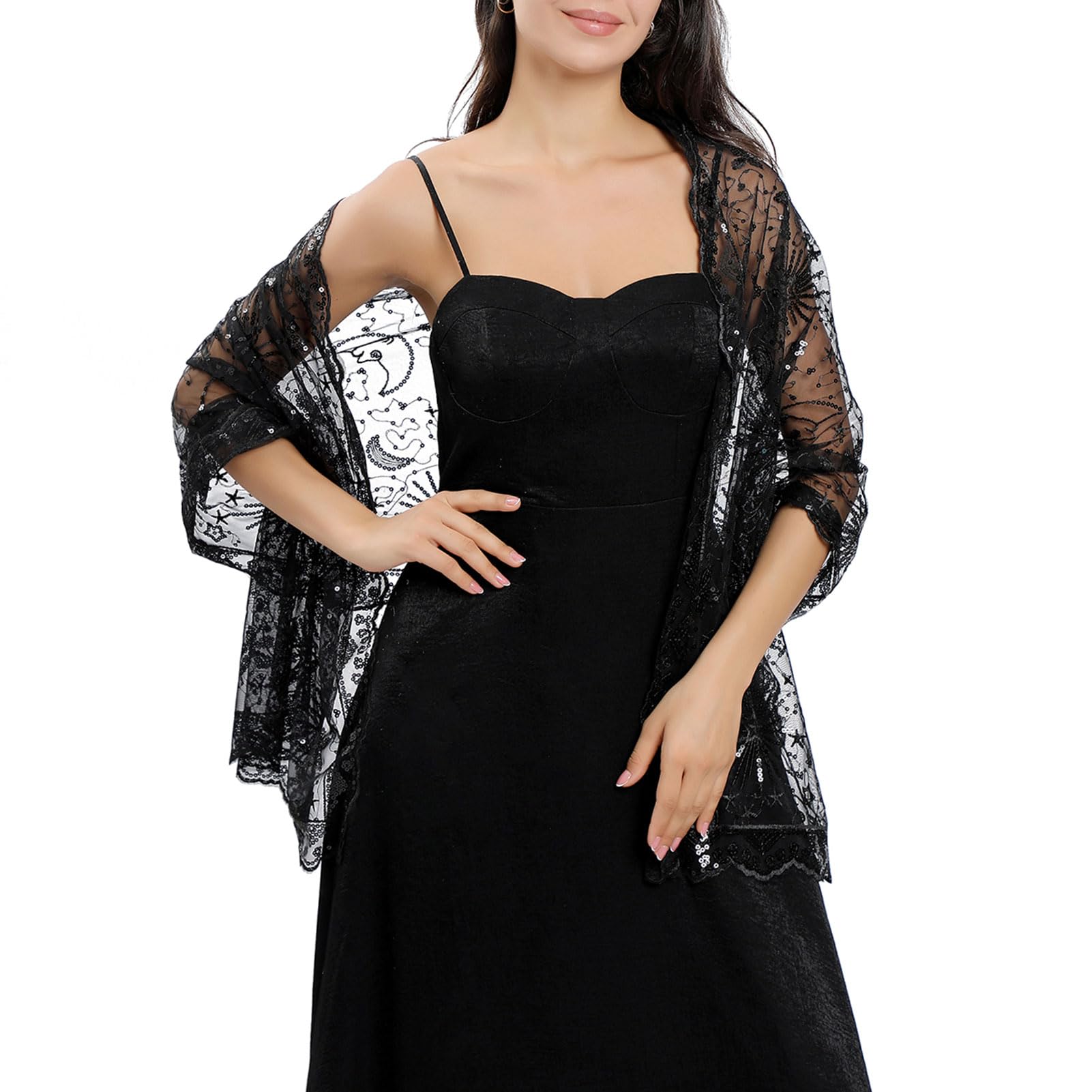 Ladiery Sequin Stars & Moons Shawls - Sparkly Sheer Mesh Wrap for Women | Evening Dresses, Wedding Party, Prom Night Accessories