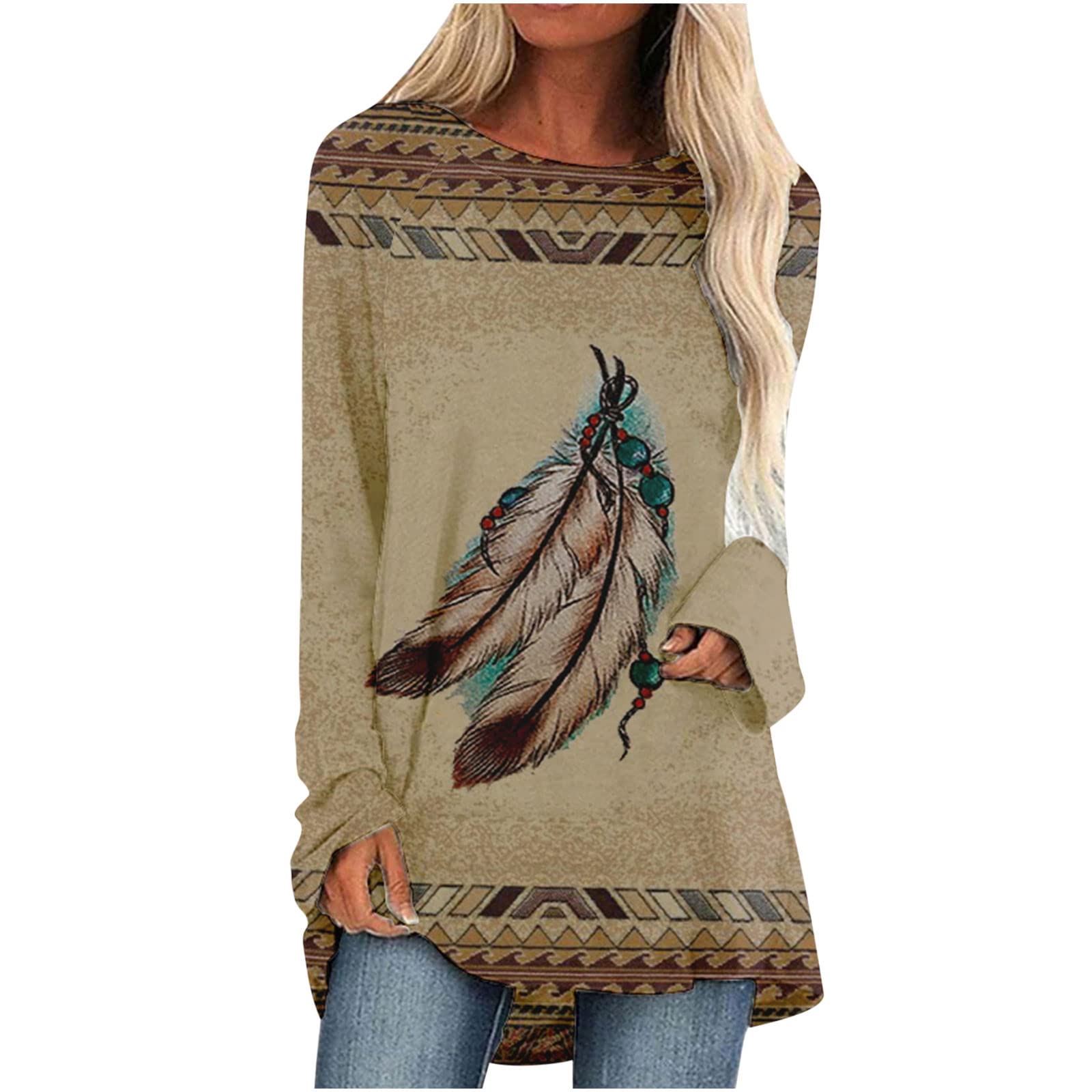 Women's Aztec Print Tunic Top - Loose Flowy Long Sleeve Blouse for Leggings | Western Ethnic Style Basic Tops | Perfect for Casual Wear, Boho Outfits & Festival Fashion
