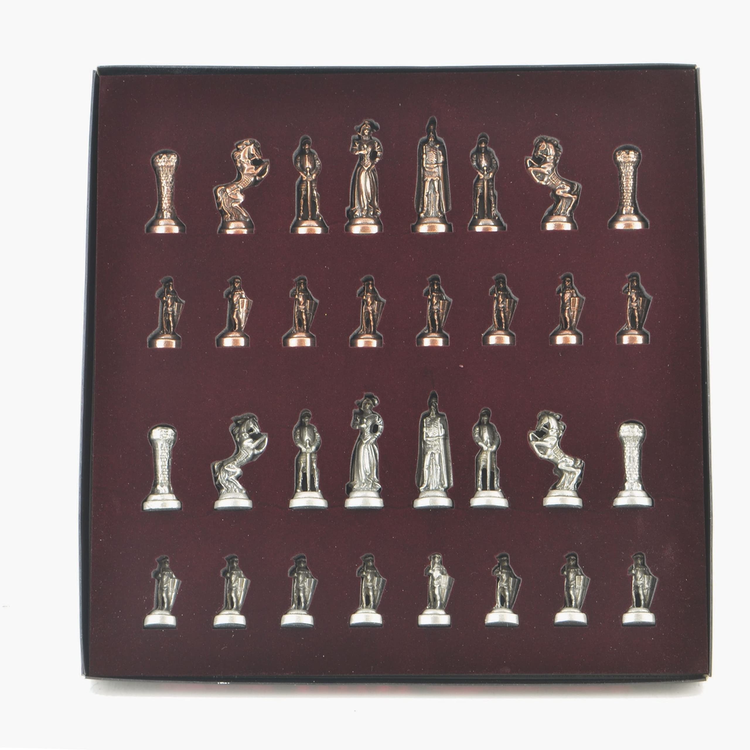 Handmade Medieval British Army Antique Copper Chess Set for Adults with Natural Solid Wooden Board & Pearl Inlay - 2.75
