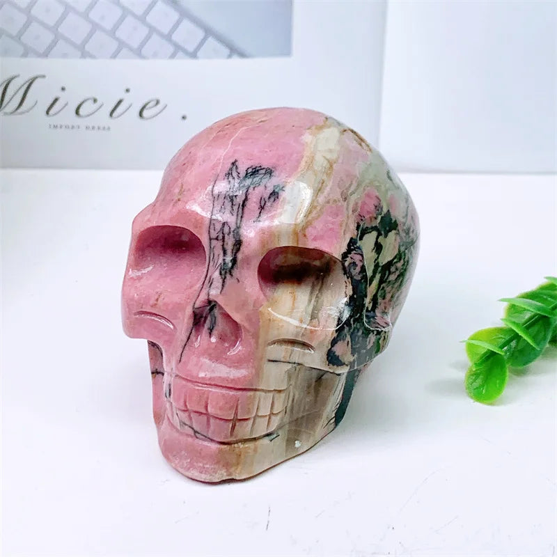 Natural Rhodonite Skull Carving - Handmade Mini Crystal Statue for Home Decor, Witchcraft Altar & Halloween Display (1PC, 676g) | Spiritual Healing Stone, Unique Gift for Collectors & Wiccan Practitioners