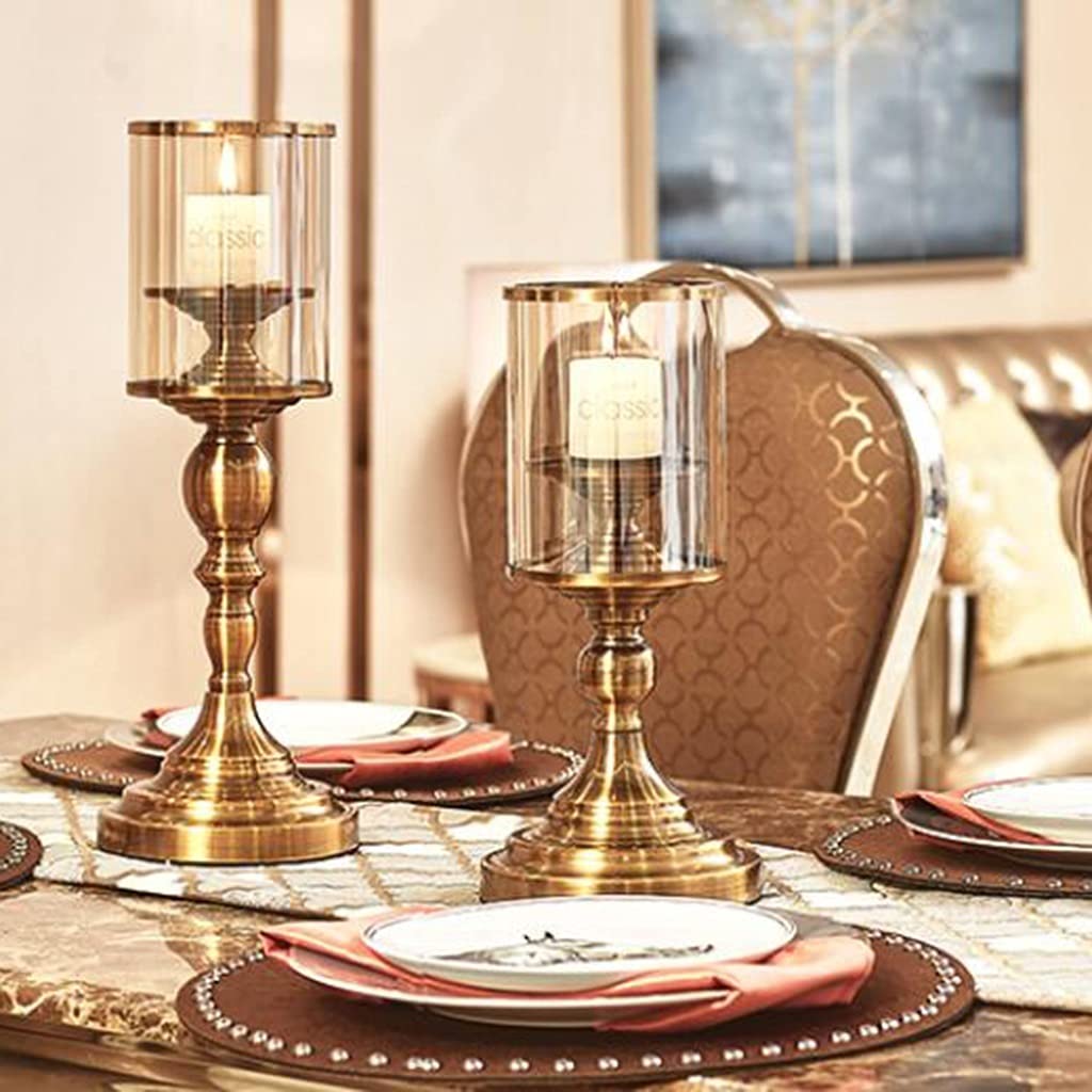 2-Piece Gold Metal & Glass Candle Holder Set - Elegant Candelabra for Cylindrical Candles or Flameless LED Candles - Perfect for Halloween, Christmas, Wedding Decor & Party Gifts - Romantic Home & Table Centerpiece Decorations