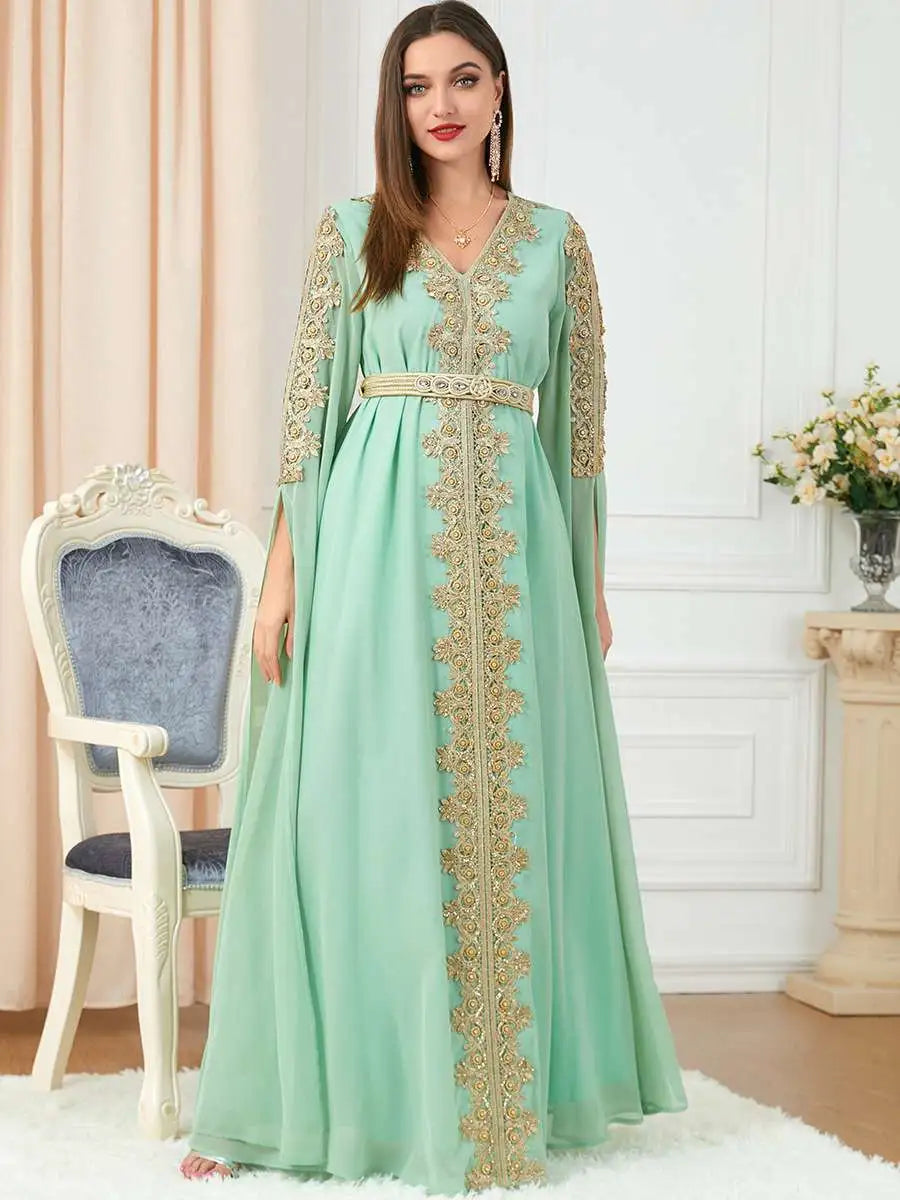 Elegant Arab Women's Chiffon Caftan Dress for Evening Party, Wedding & Special Occasions - Breathable & Comfortable Middle Eastern Kaftan for Eid Celebrations