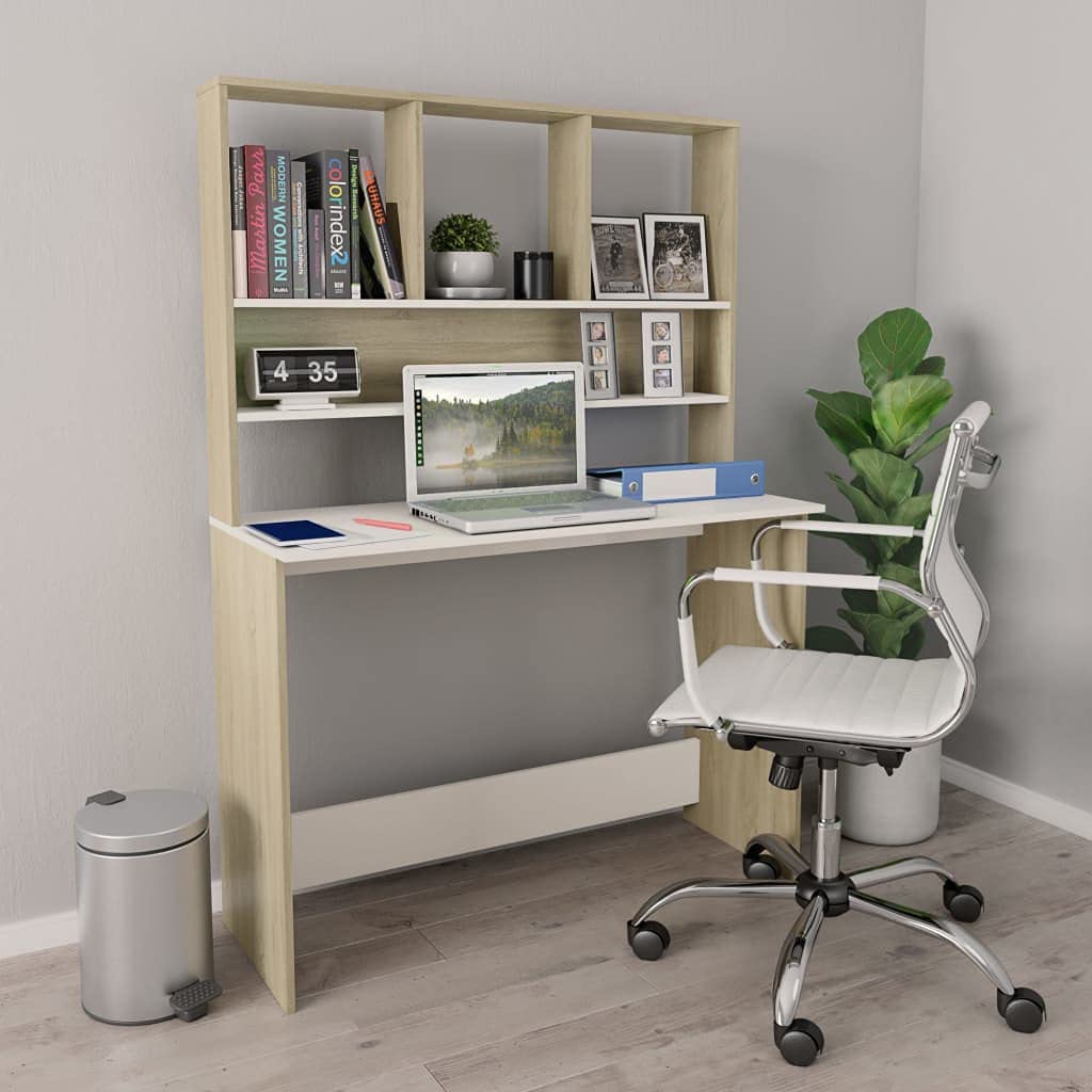 CHARMMA Modern Writing Desk with Shelves & Storage | Engineered Wood Office Desk | Computer Table for Home Office, Study Room & Living Room | White & Sonoma Oak Finish | 43.3 x 17.7 x 61.8 Inches (LxWxH) | Perfect for Remote Work, Online Classes & Small Space Solutions