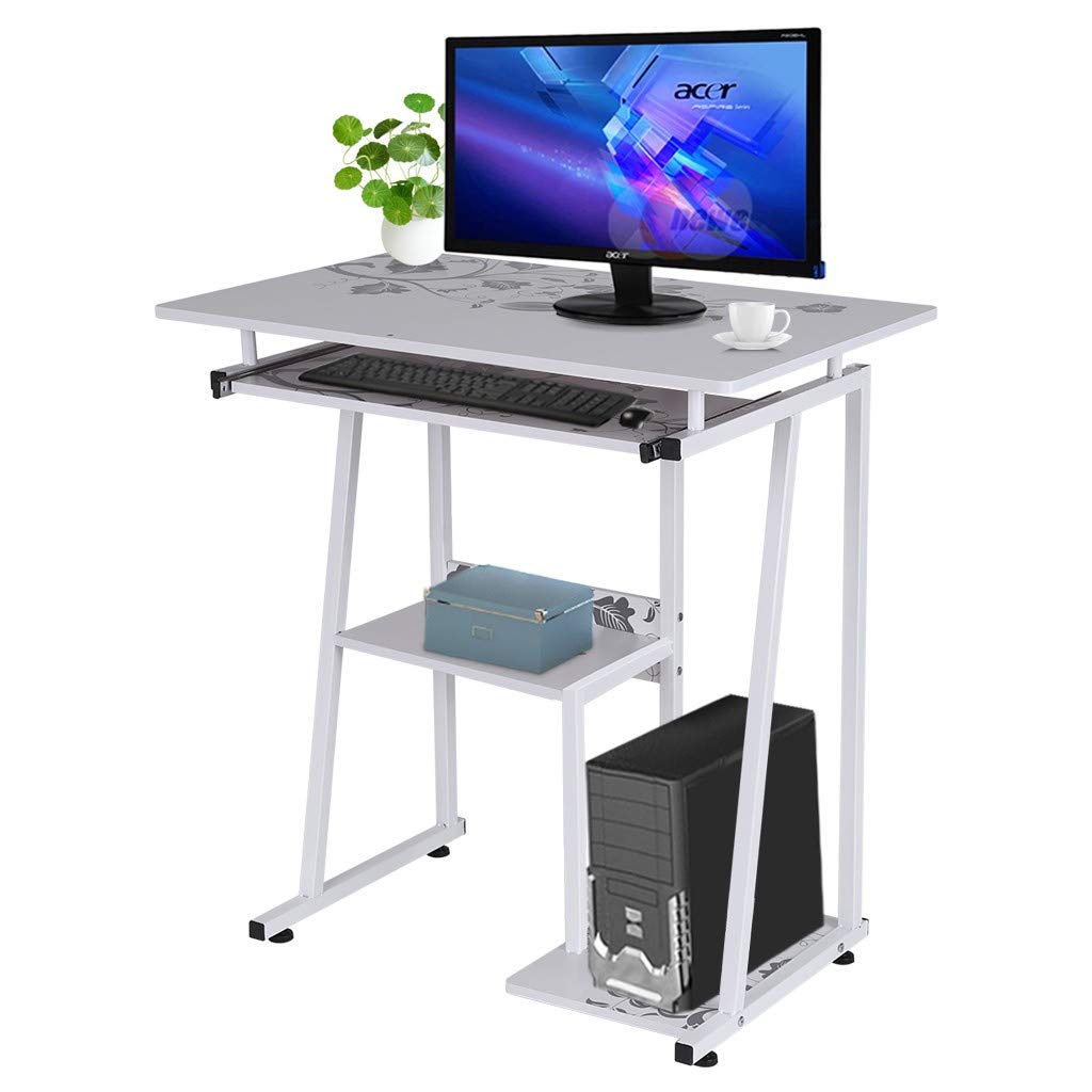 White Compact Desktop Computer Desk with Storage Shelves, Pull-Out Keyboard Tray, and Study Writing Table - Ideal for Home Office, Laptop PC Workstation, and Study Room Setup