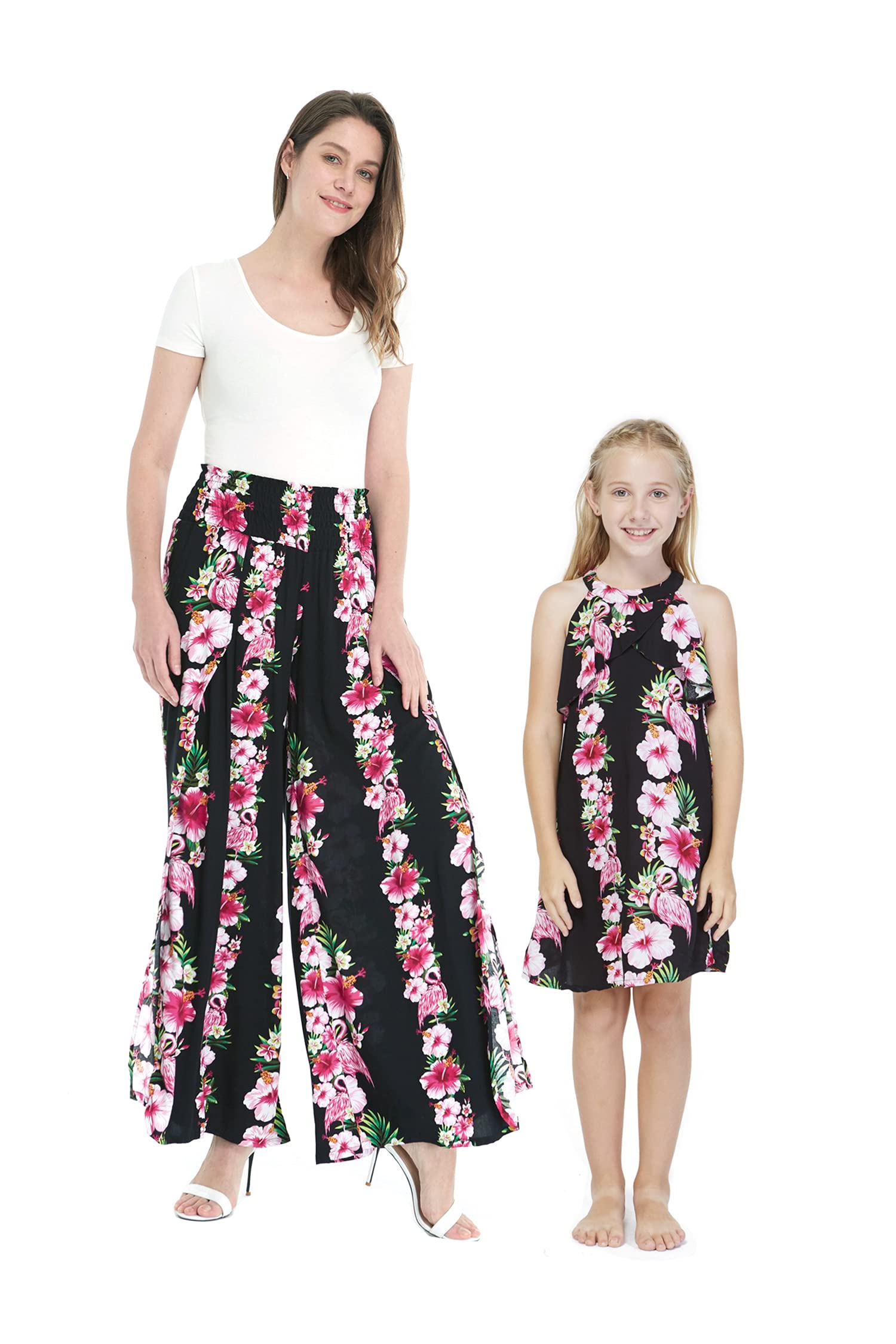 Hawaiian Luau Outfits for Women & Girls - Matching Mother Daughter Wide Leg Pants & Pink Hibiscus Ruffle Dress Set | Beach Party, Summer Vacation, Family Photos
