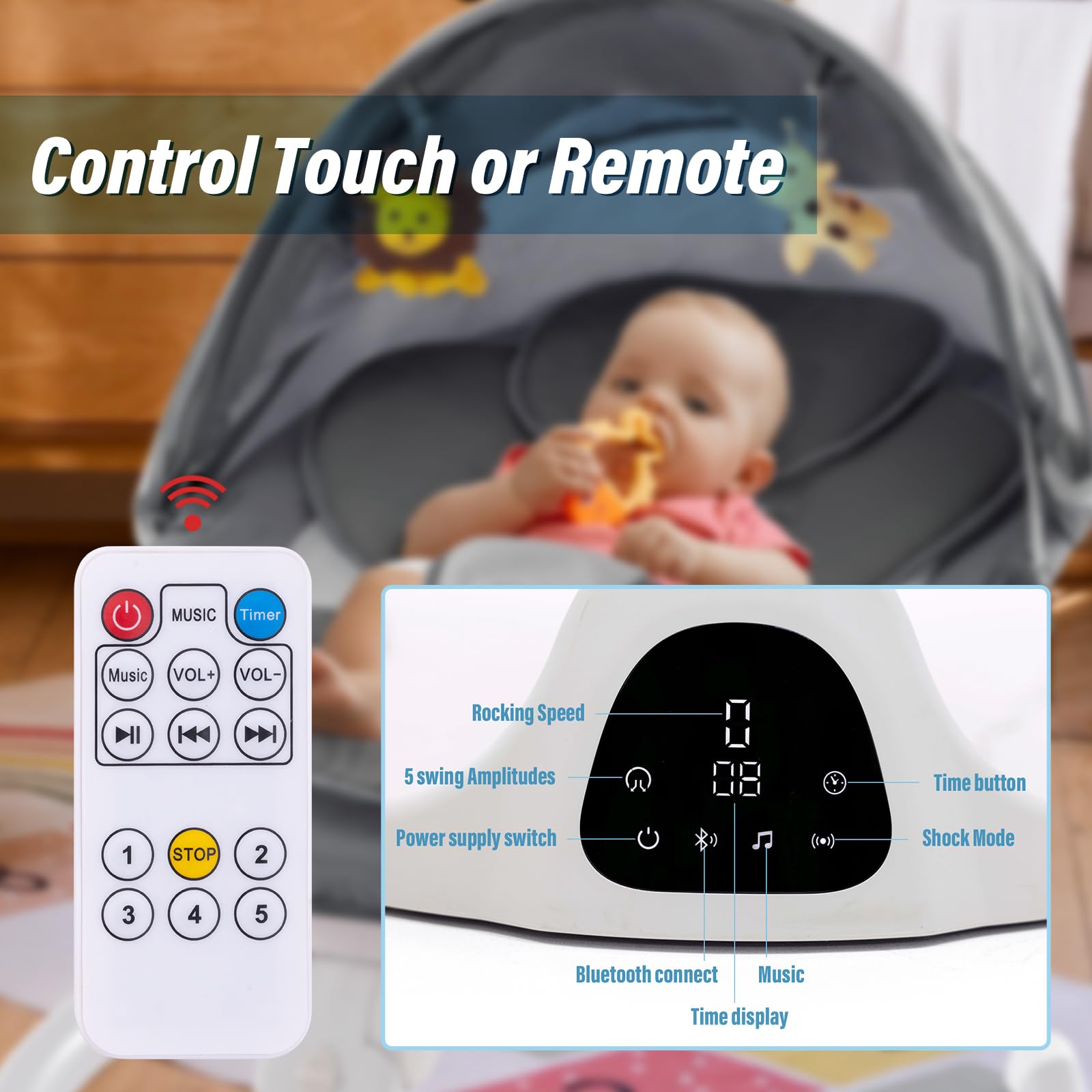 **Portable Baby Swing for Infants & Newborns - Comfort Cradling Rocker with Music, Remote Control & Timer - Grey | Perfect for Soothing, Napping & Playtime**