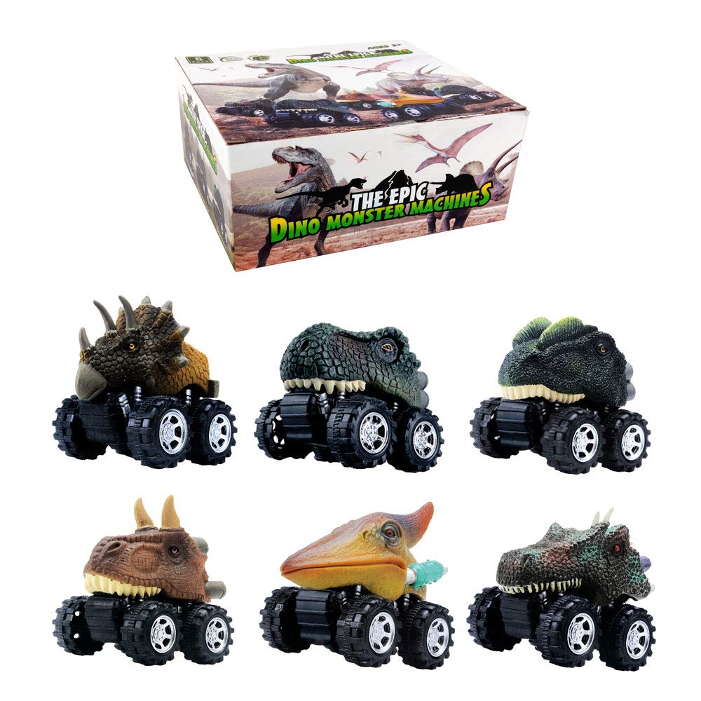 DINOBROS Dinosaur Pull Back Cars Toy Set - 6 Pack Dino T-Rex Vehicles for Boys & Girls Ages 3-7 - Fun Educational Toys for Kids Birthday Gifts & Pretend Play