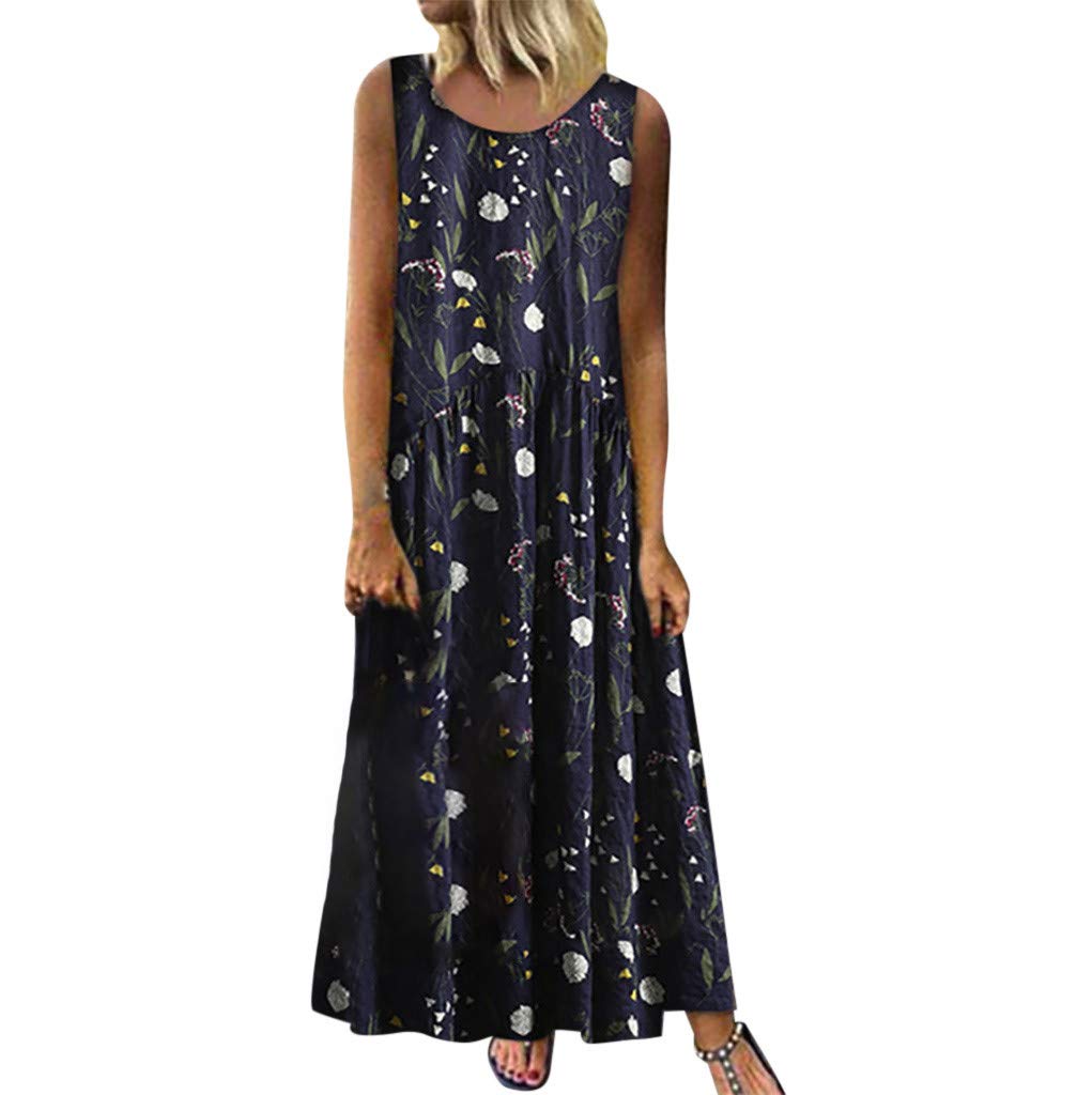 Vintage Floral Print Long Maxi Dress for Women - Sleeveless Bohemian O-Neck Plus Size Elegant Black Dress | Perfect for Summer Beach, Wedding Guest & Boho Party Outfits