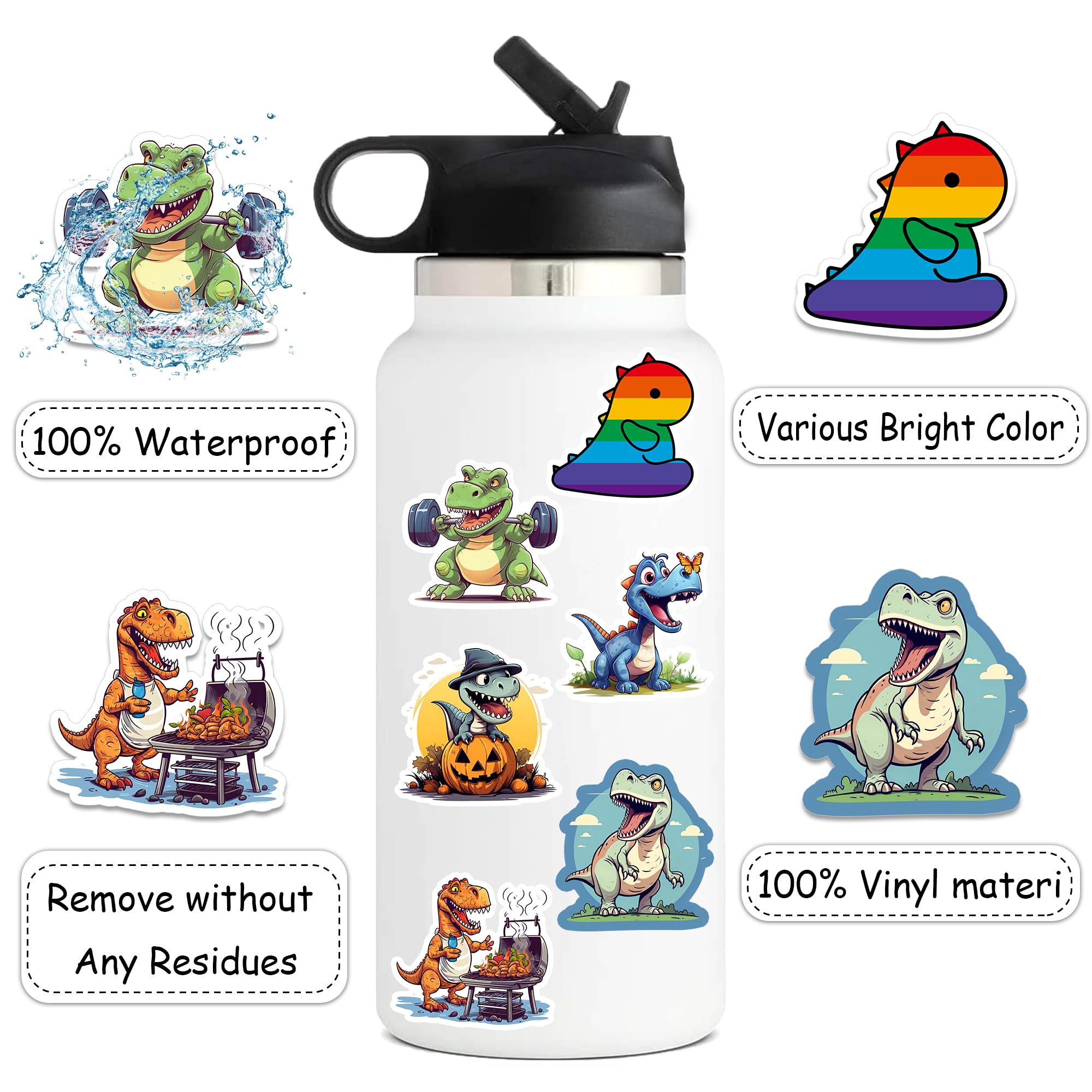 100PCS Cute Dinosaur Stickers for Kids - Waterproof Vinyl Dino Decals for Laptop, Notebook, Water Bottle - Perfect for Birthday Party Favors, Classroom Rewards & Scrapbooking