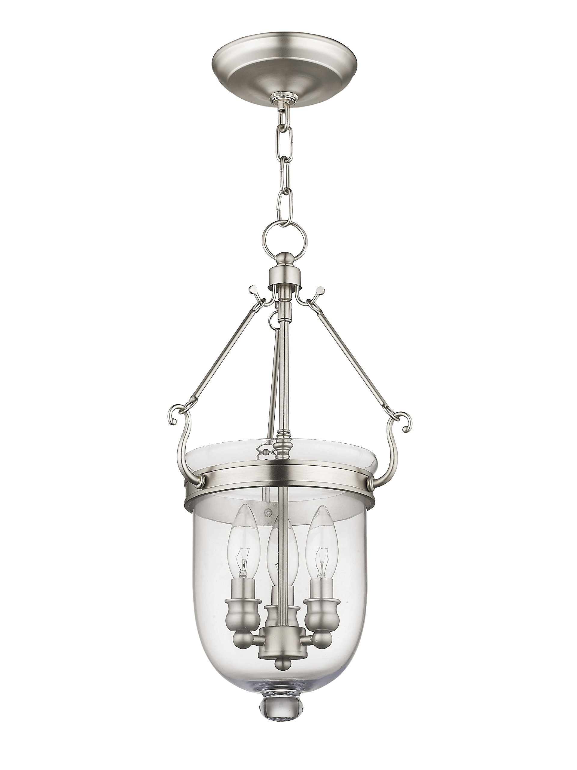 Livex Lighting Jefferson 3-Light Brushed Nickel Bell Jar Hanging Lantern with Clear Glass - Perfect for Entryway, Dining Room, or Patio Lighting