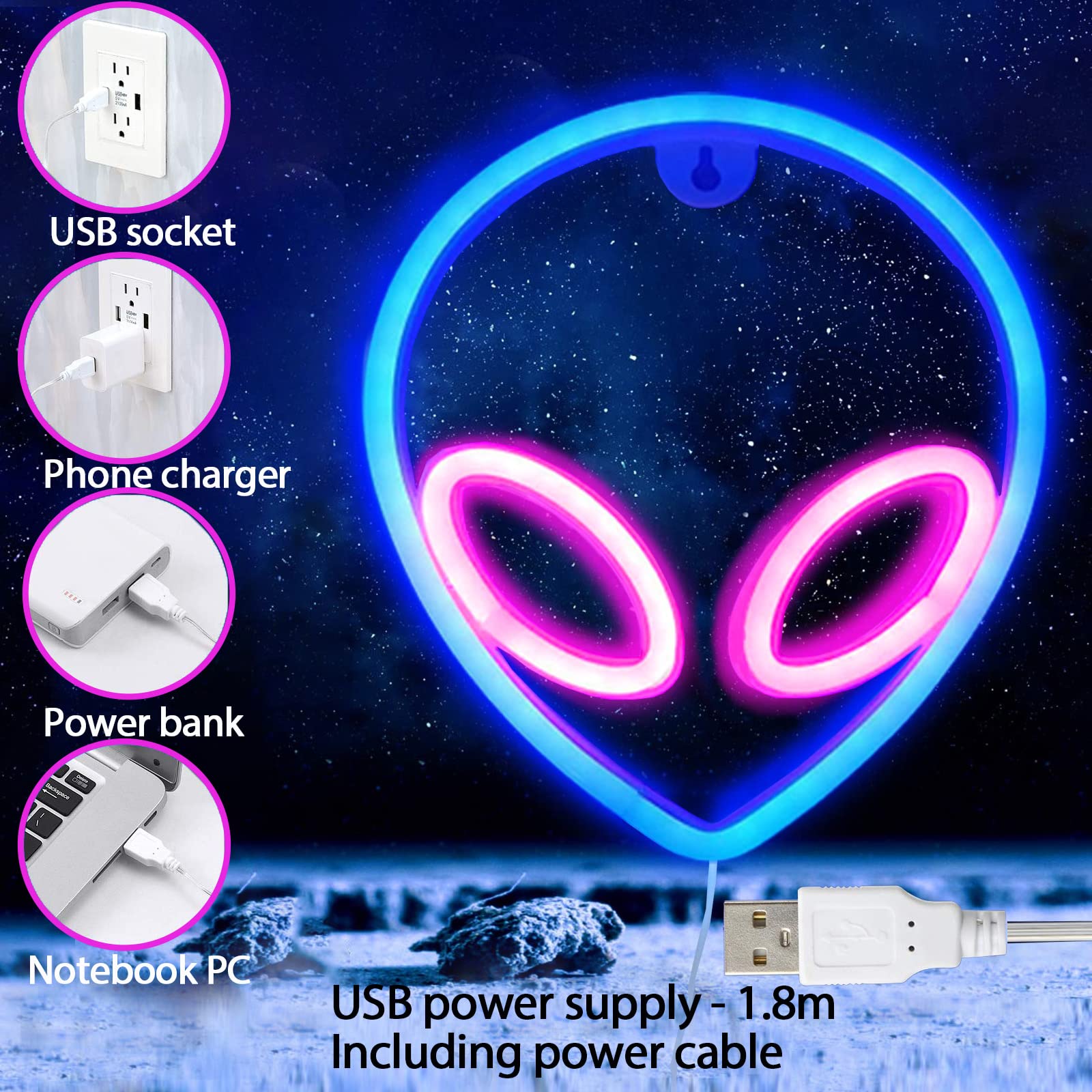 Alien Neon Wall Sign - USB/Battery Powered LED Neon Light with On/Off Switch - Pink & Blue Glow for Home Decor, Kids Room, Children's Day Gift - Perfect for Bedroom, Game Room, and Party Decoration