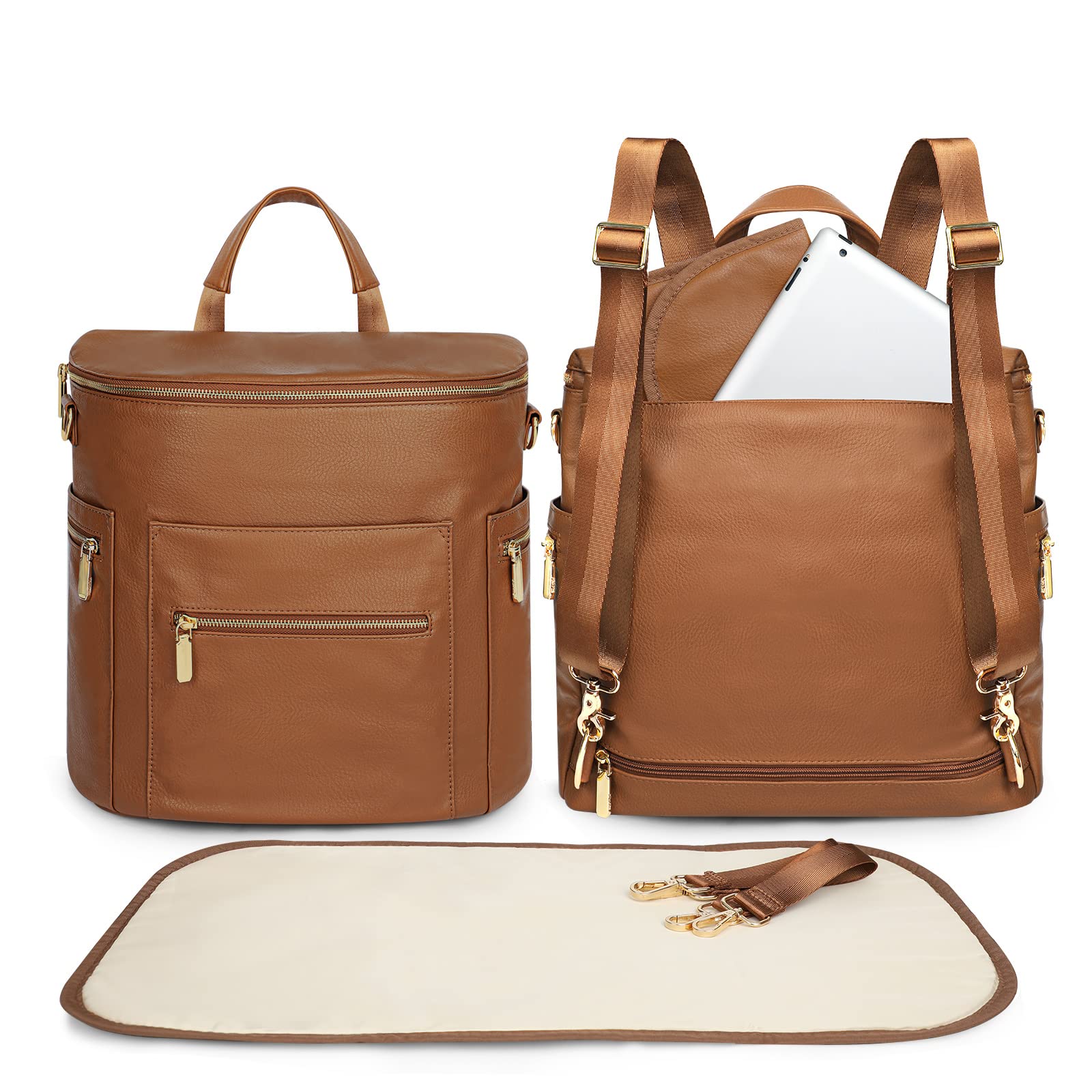 Premium Leather Diaper Backpack for Moms & Dads - Large Baby Bag with 13 Pockets, Changing Pad & Stroller Straps - 2 Insulated Bottle Pockets - Perfect for Travel, Daycare & Family Outings