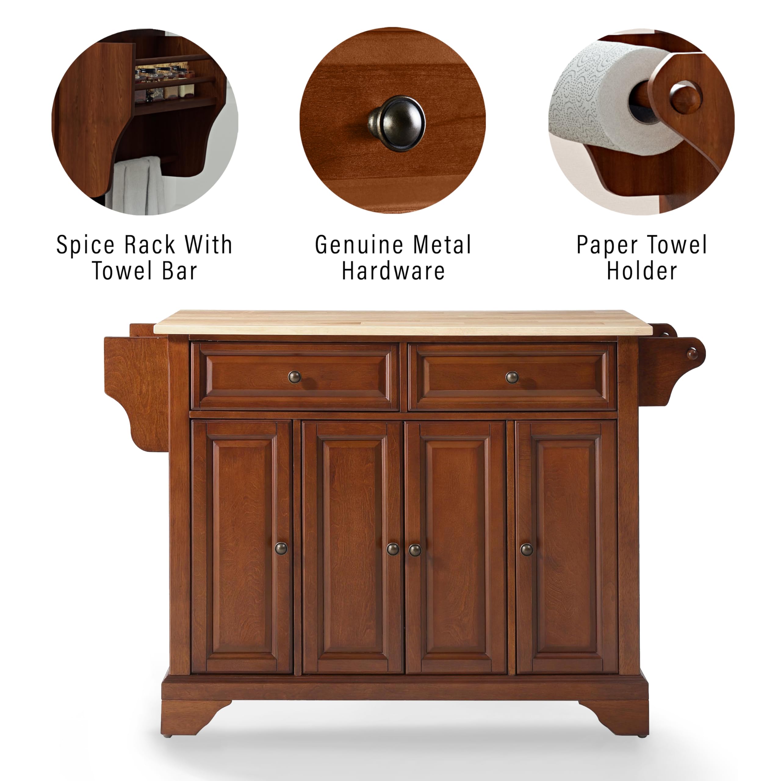 Crosley Lafayette Wood Top Rolling Kitchen Island Cart with Storage - Microwave Stand, Spice Rack, Cherry Finish | Perfect for Small Kitchens, Pantry Organization & Extra Counter Space