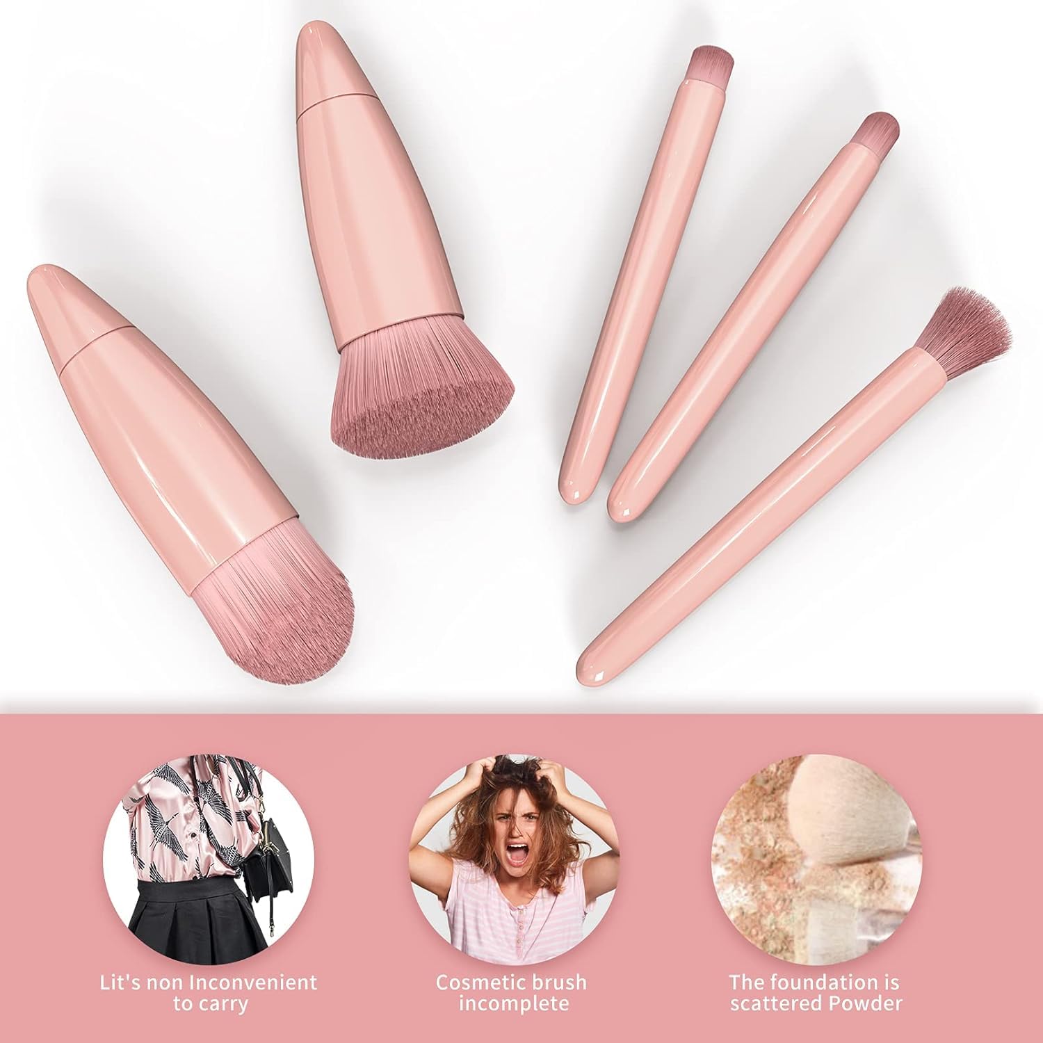 **Professional 5-Piece Travel Makeup Brush Set with Mirror – Portable Mini Makeup Brushes Kit for Women, Includes Face, Eye, Eyebrow, Blush & Lip Gloss Brushes – Perfect for On-the-Go Touch-Ups & Travel Beauty Essentials**
