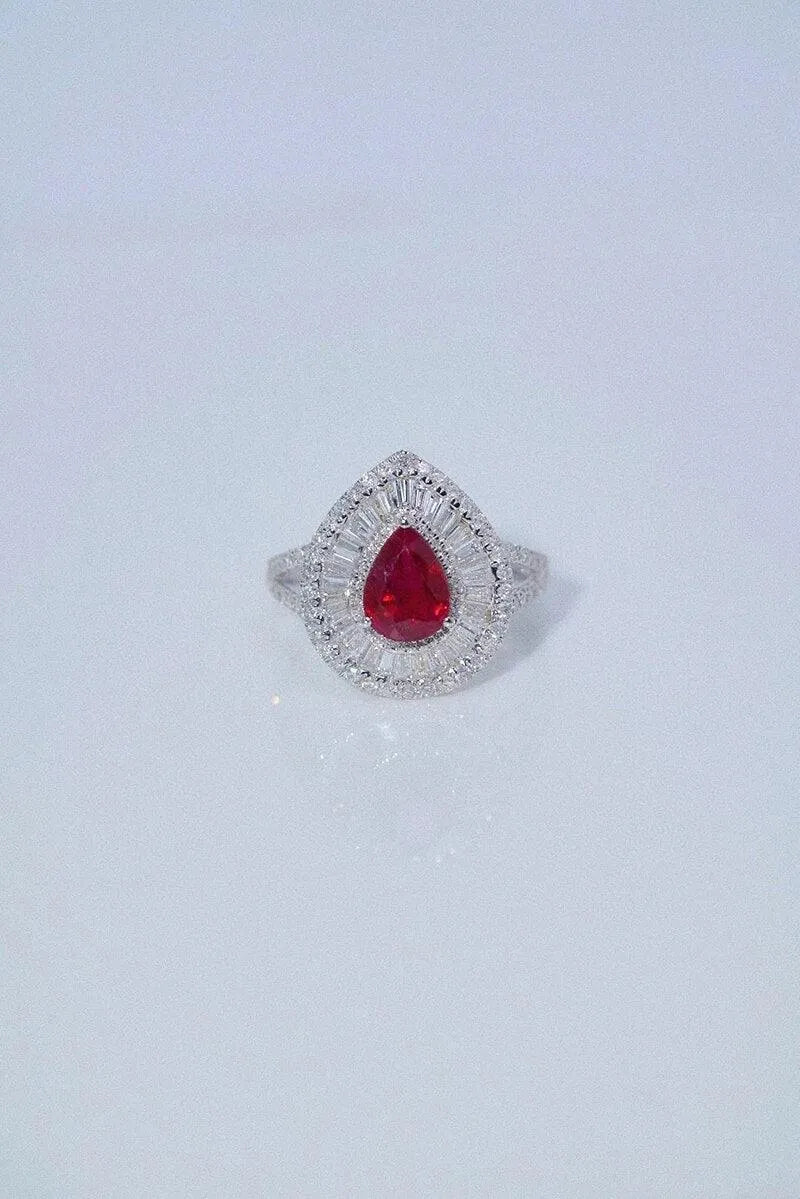 18K White Gold Natural Ruby and Diamond Ring for Women - Luxury Water Drop Design Jewelry for Senior Banquets, Weddings & Special Occasions