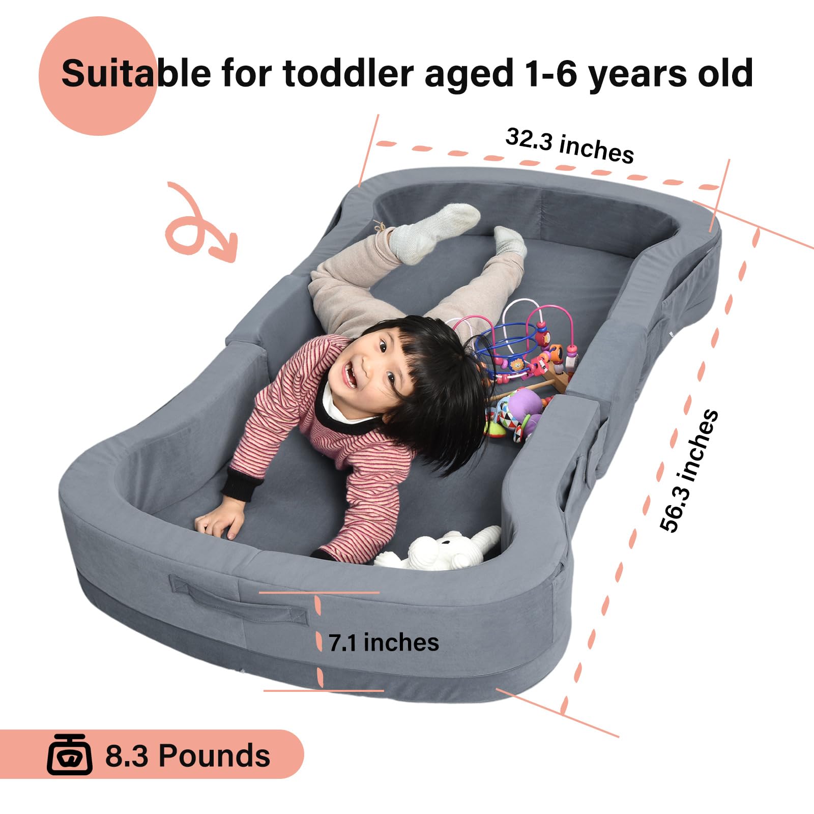 ENITYA Portable Toddler Travel Bed - Foldable Floor Cot for Kids 18M-6 Years, Lightweight & Washable Sleeping Cot for Camping, Airplane, Hotels & Home Use - Grey