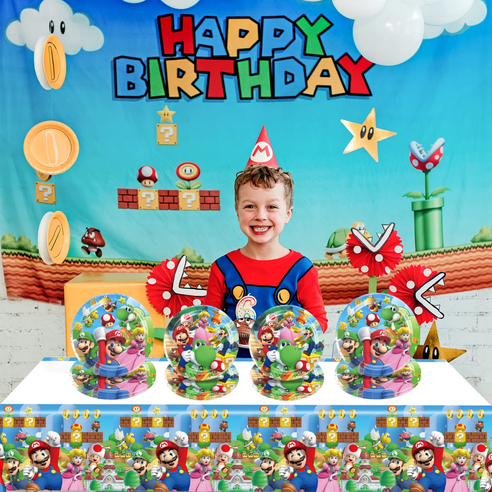 Super Mario Birthday Party Supplies Set - 20 Plates, 20 Napkins & 1 Table Cover for Mario Themed Decorations - Perfect for Kids Birthday Parties, Game Nights & Themed Events