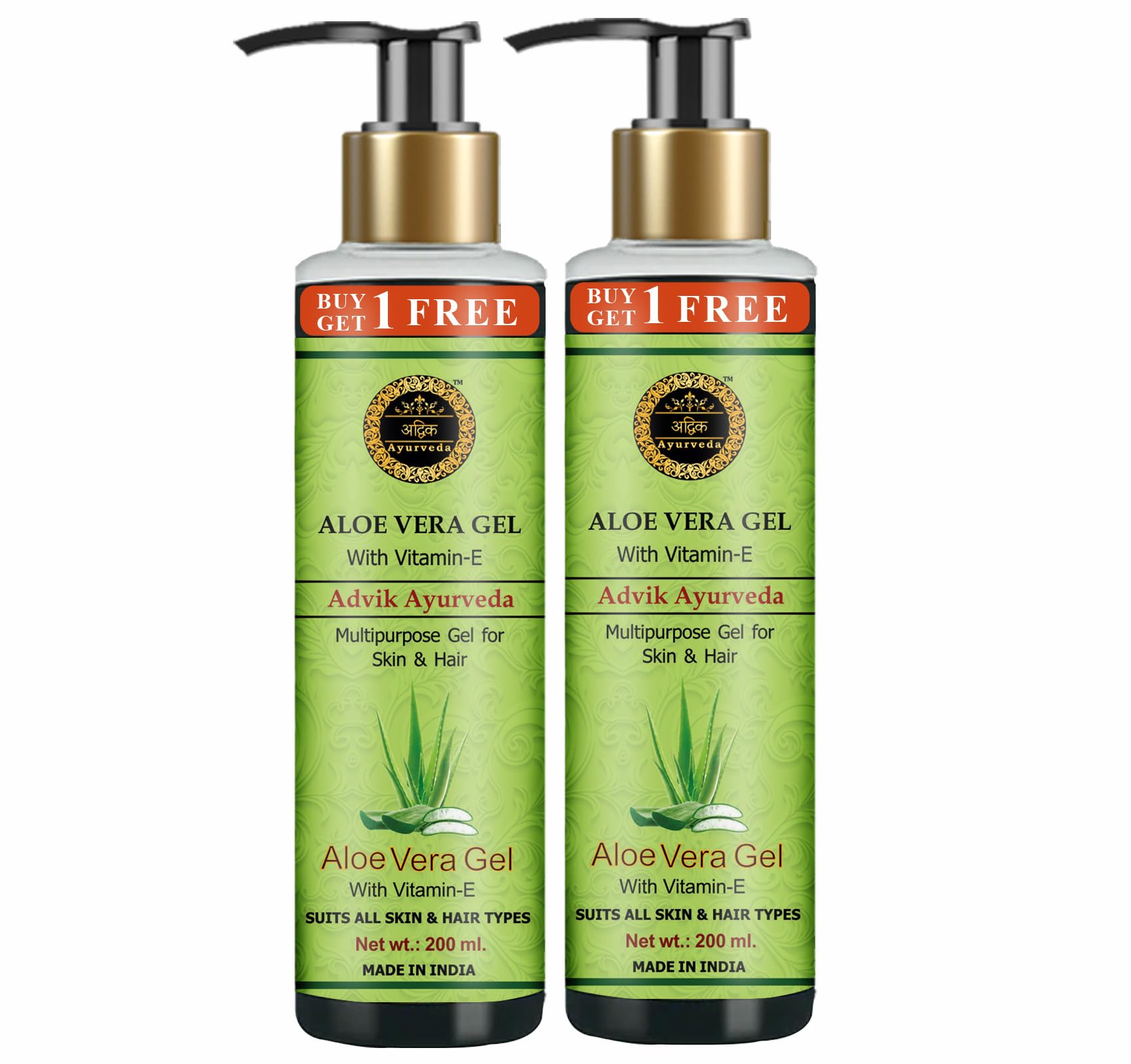 Advik Ayurveda Pure Aloe Vera Gel with Vitamin E for Face & Hair Care - 200ml x 2 (400ml Total) - Hydrating Moisturizer for Sunburn Relief, Skin Repair & Hair Growth - Buy 1 Get 1 Free