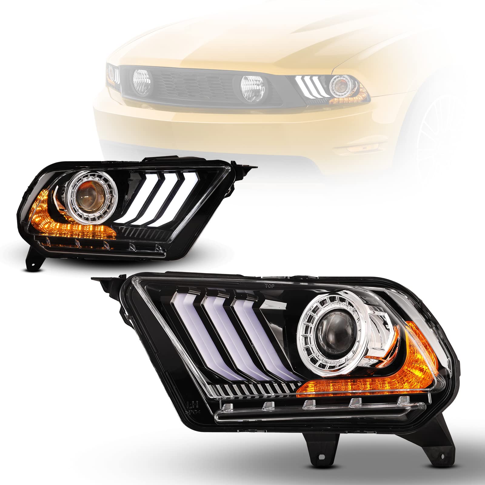 Ford Mustang 2010-2012 Halogen Headlights Replacement - Dynamic Turning Lights, Complete Headlight Assembly for Improved Night Driving | Perfect for Daily Commute & Road Trips
