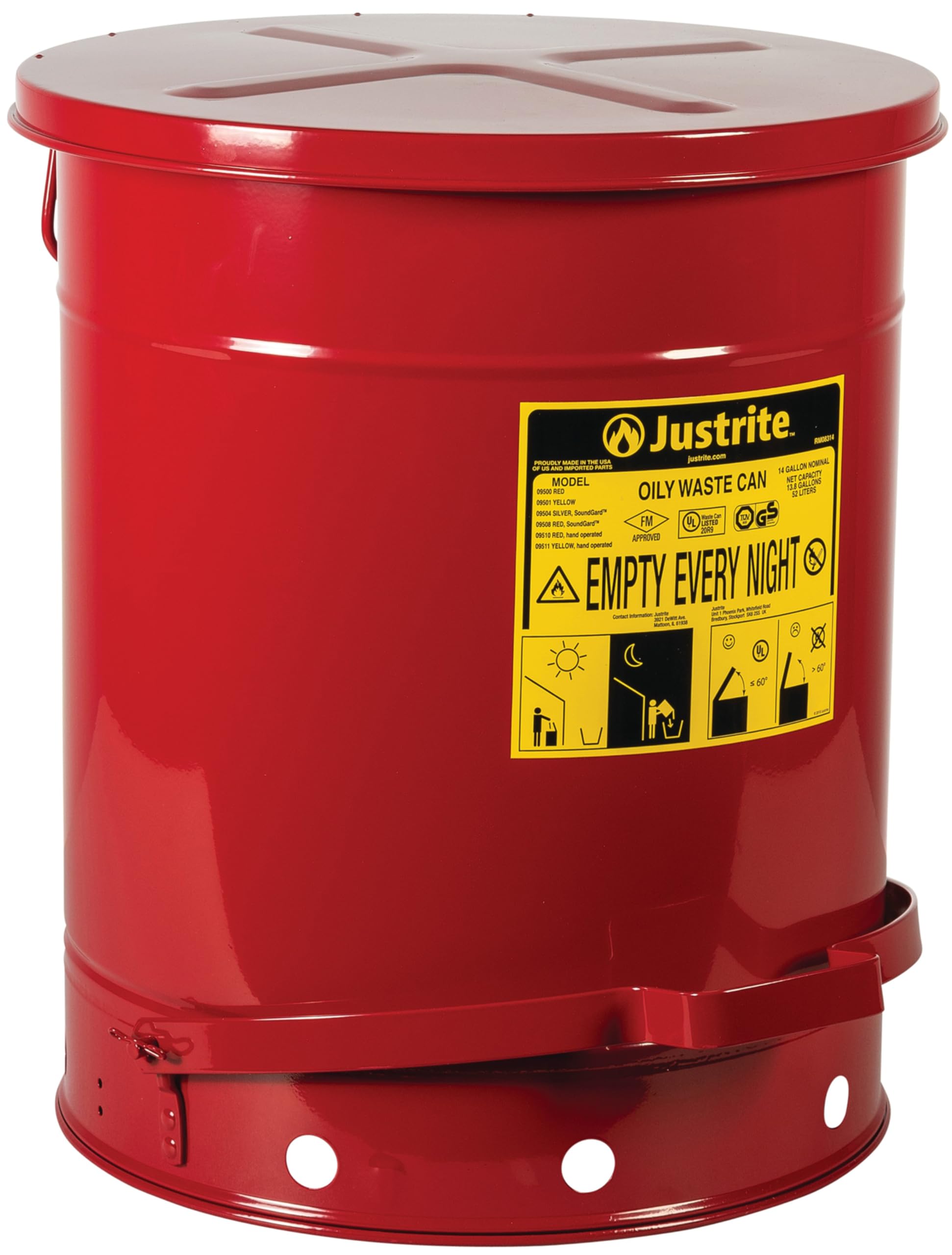 Justrite 14 Gallon Galvanized Steel Oily Waste Can with Foot Pedal Lid - 20