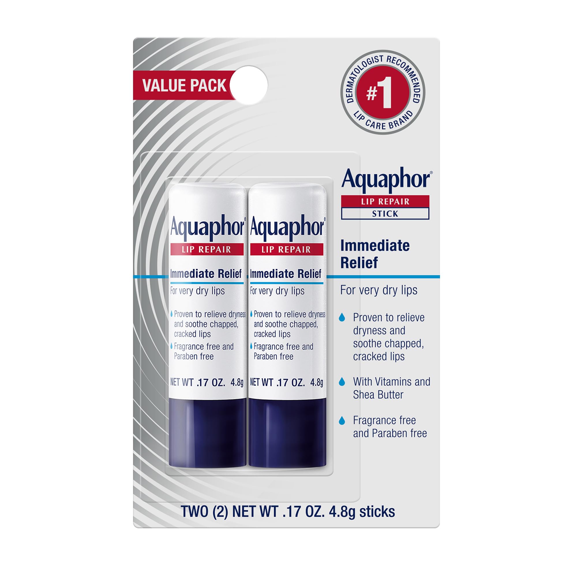 Aquaphor Lip Repair Stick - Moisturizing Lip Balm for Dry, Chapped Lips - 0.17 Oz Stick (Pack of 2) - Perfect for Winter Care & Daily Hydration