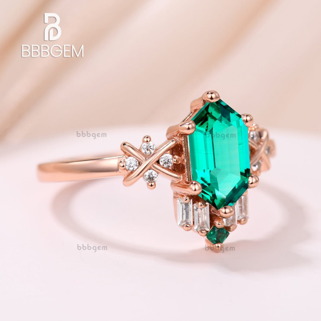Unique Vintage Hexagon Cut Lab Emerald 14K Rose Gold Diamond Engagement Ring for Women – Perfect for Weddings, Anniversaries & Special Occasions