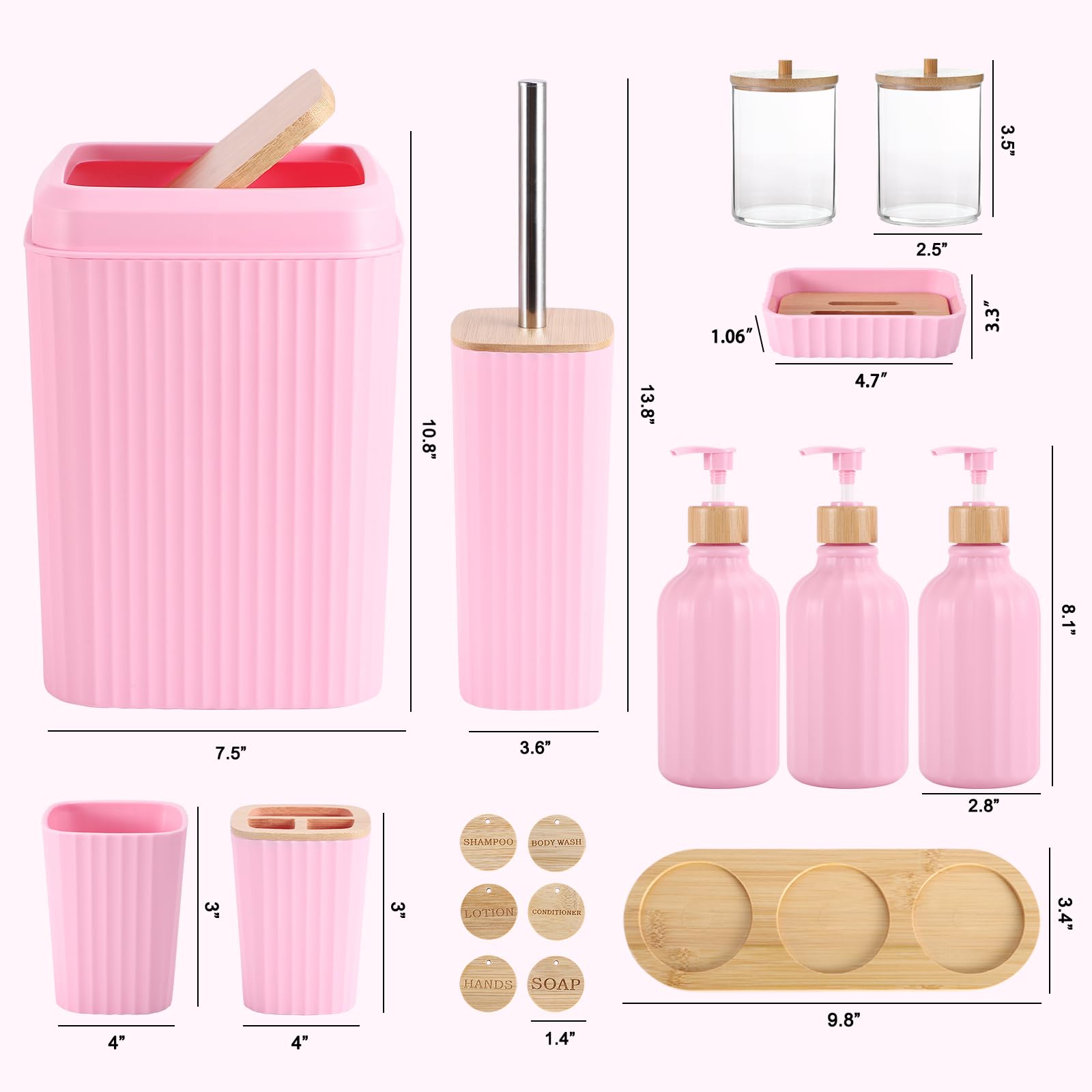 17PCS Pink Bathroom Accessories Set with Trash Can, Soap Dispenser, Toothbrush Holder & Tray - Modern Bath & Kitchen Organization for Home, Spa, Hotel Decor