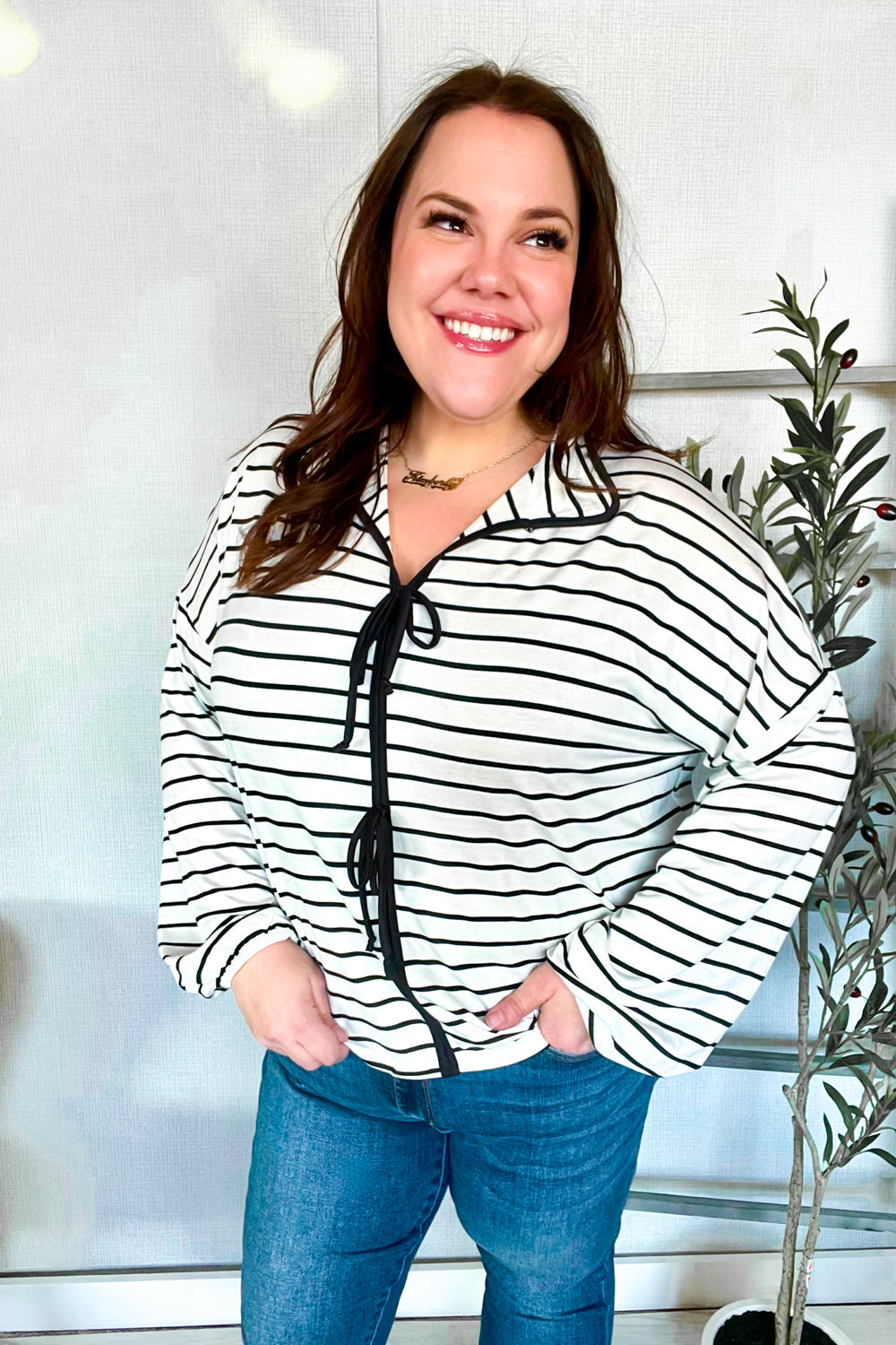 Stylish Black & White Collared Stripe Ribbon Bow Tie Blouse for Women | Elegant Office Wear & Party Outfit | Perfect for Work, Weddings & Special Occasions