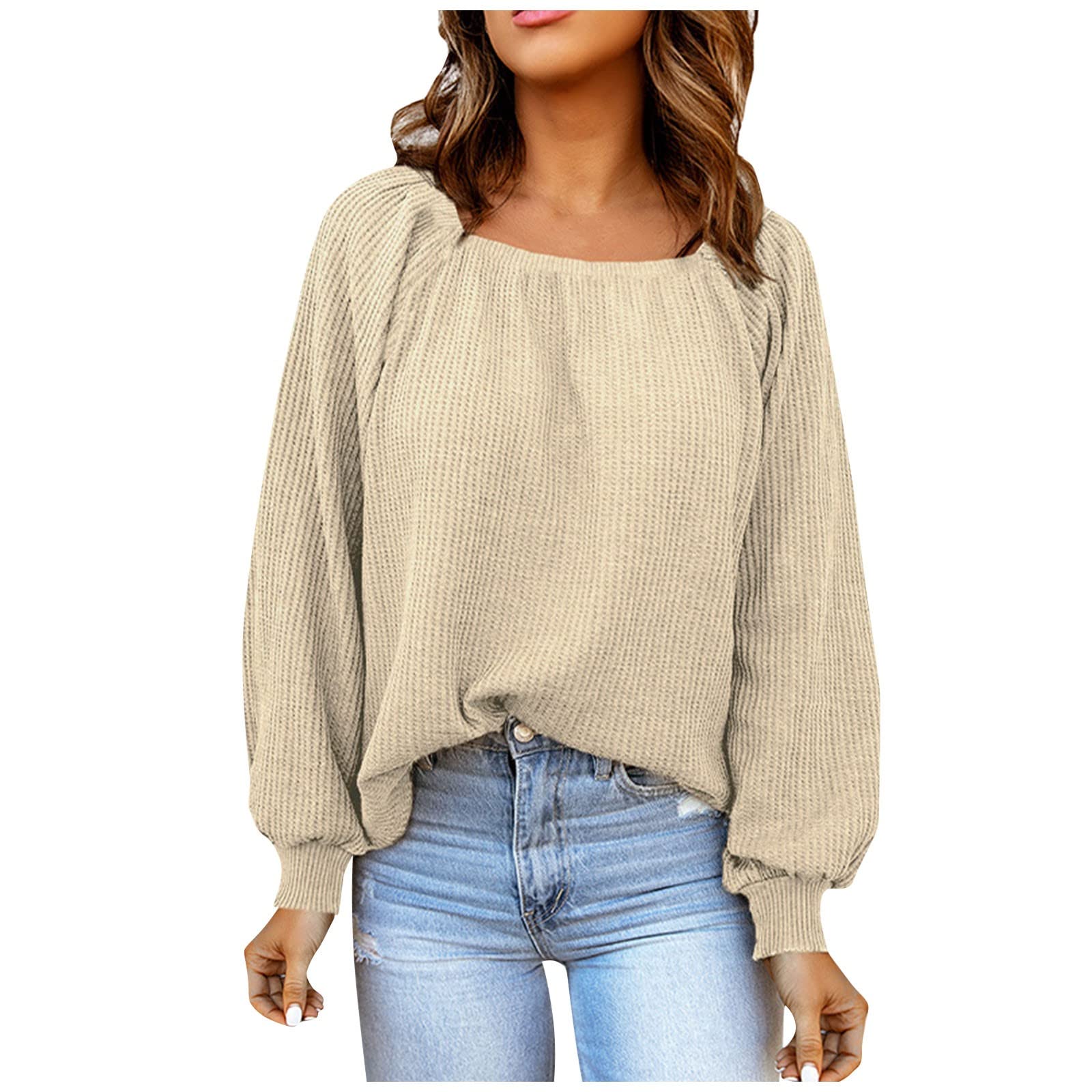 Women's Long Lantern Sleeve Blouse - Waffle Knit Flowy Top with Frill Trim | Solid Color Casual Shirt for Work, Date Night & Fall Outfits