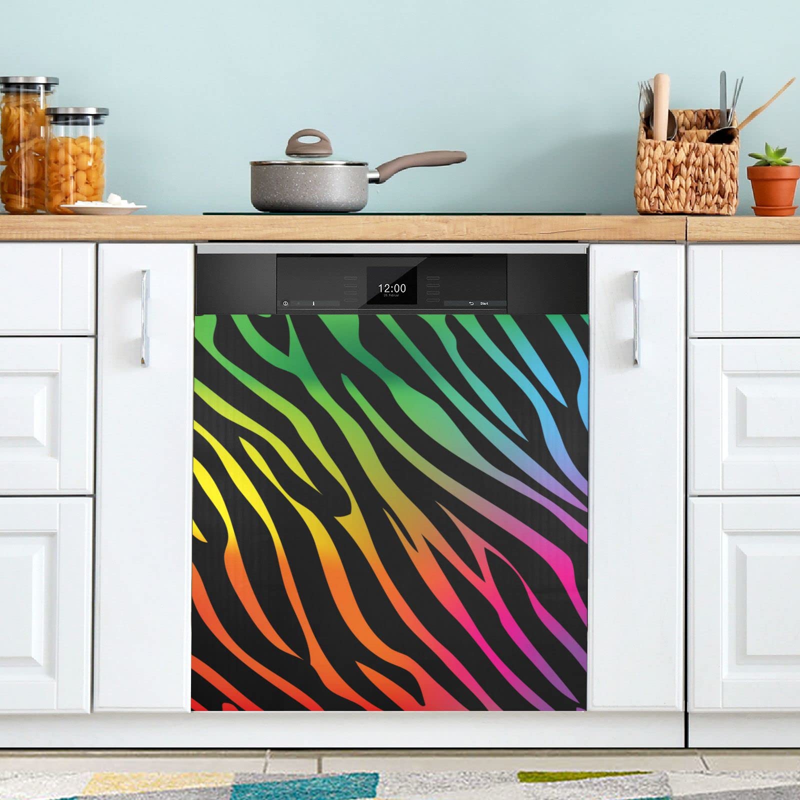Rainbow Zebra Dishwasher Magnetic Cover - Decorative Appliance Magnet for Kitchen & Laundry - 23