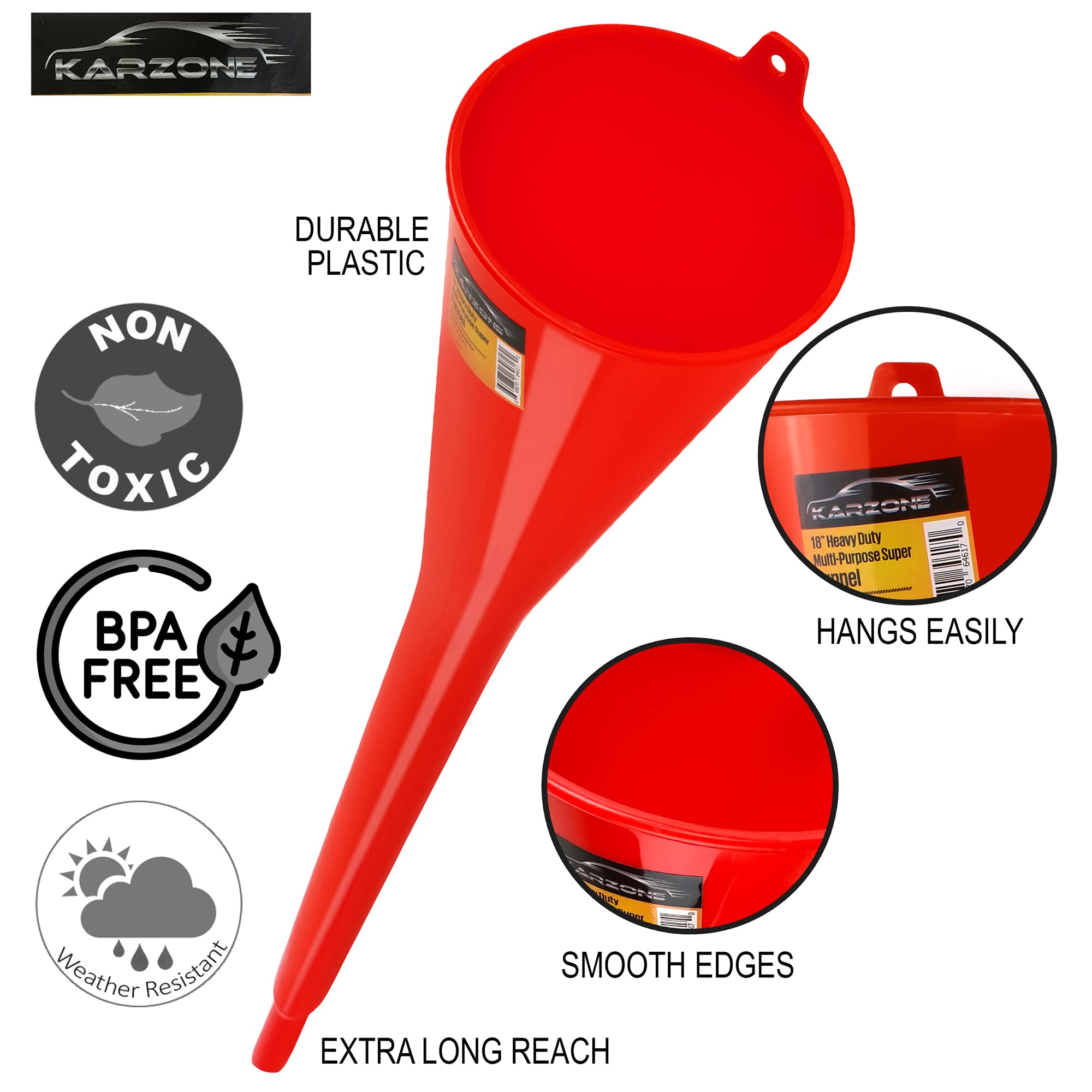 Premium Round Kitchen Funnel - 12oz Food-Grade Funnel for Bottles, Jars & Containers - Heavy Duty Oil Funnel for Gas, Lubricants & Automotive Fluids - Perfect for Cooking, Baking & DIY Car Maintenance (Red)