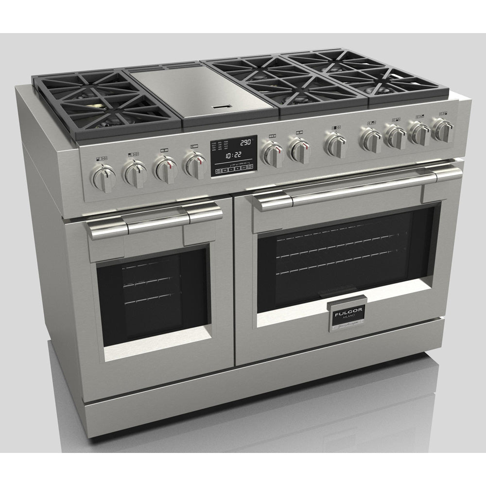 Fulgor Milano 48-inch 600 Series Dual Fuel Range with 6 Burners & Stainless Steel Trilaminate Griddle - Professional Gas Stove & Electric Oven Combo for Home Chefs (Model F6PDF486GS1) | Perfect for Gourmet Cooking, Baking & Entertaining in Modern Kitchens