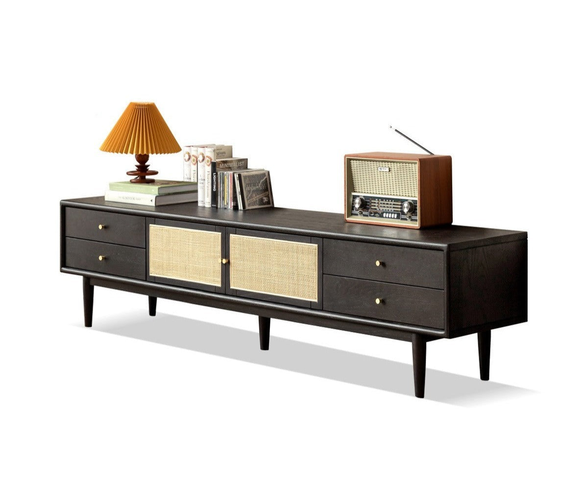 Solid Oak Wood Rattan TV Stand with 4 Drawers - Smoked Finish for Living Room, Bedroom & Home Theater Storage