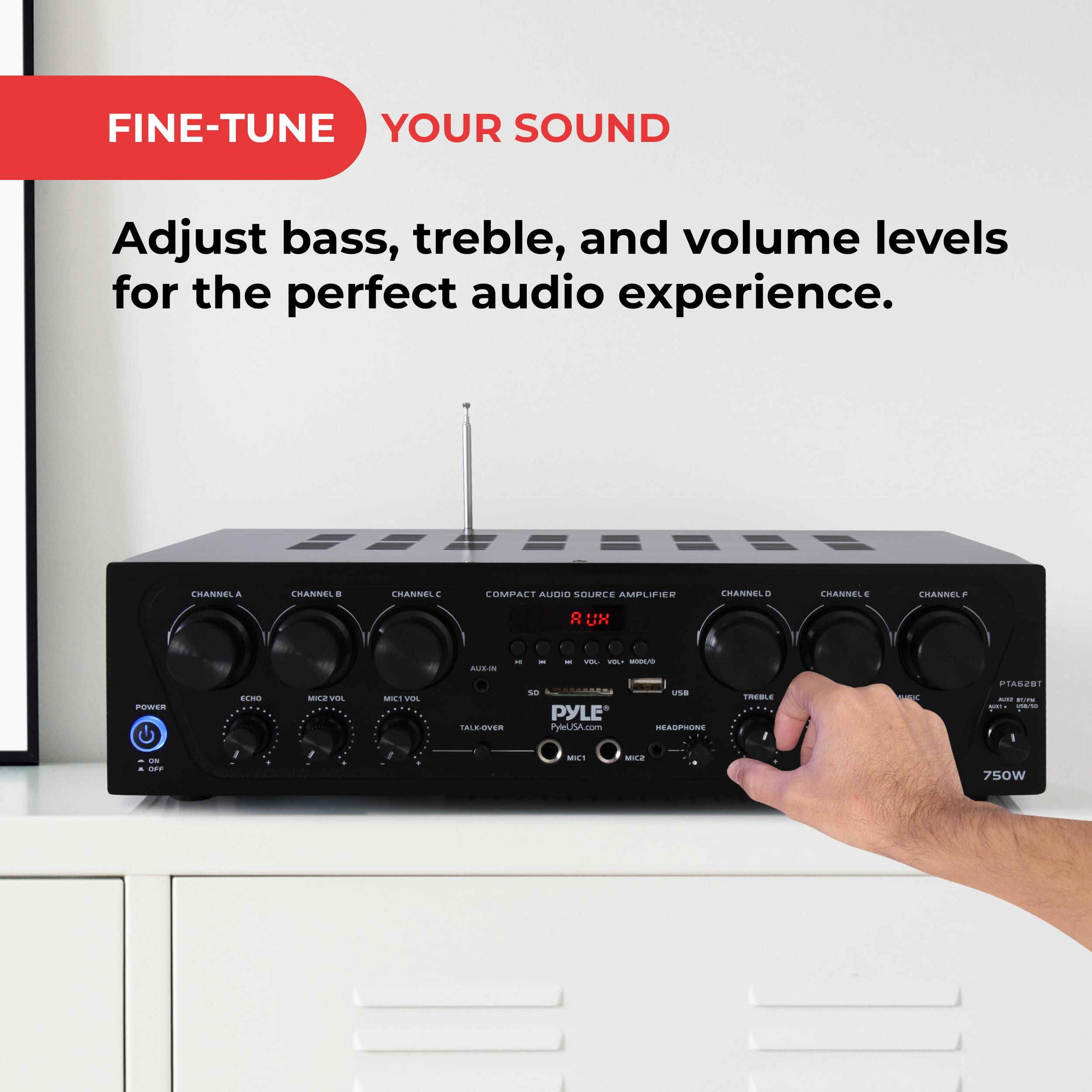 Pyle Wireless Bluetooth Home Audio Amplifier System - 6 Channel 750W Power Stereo Receiver with USB, Micro SD, Headphone Jack & Dual Mic Inputs with Echo, Talkover - Perfect for Home Theater, Karaoke Parties & PA Systems - PTA62BT.5