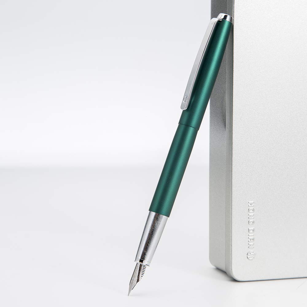 HongDian 525 Green Metal Fountain Pen with Bent Nib - 0.6mm Calligraphy Fude Pen Set Includes Converter & Premium Metal Box | Perfect for Letter Writing, Journaling & Artistic Calligraphy